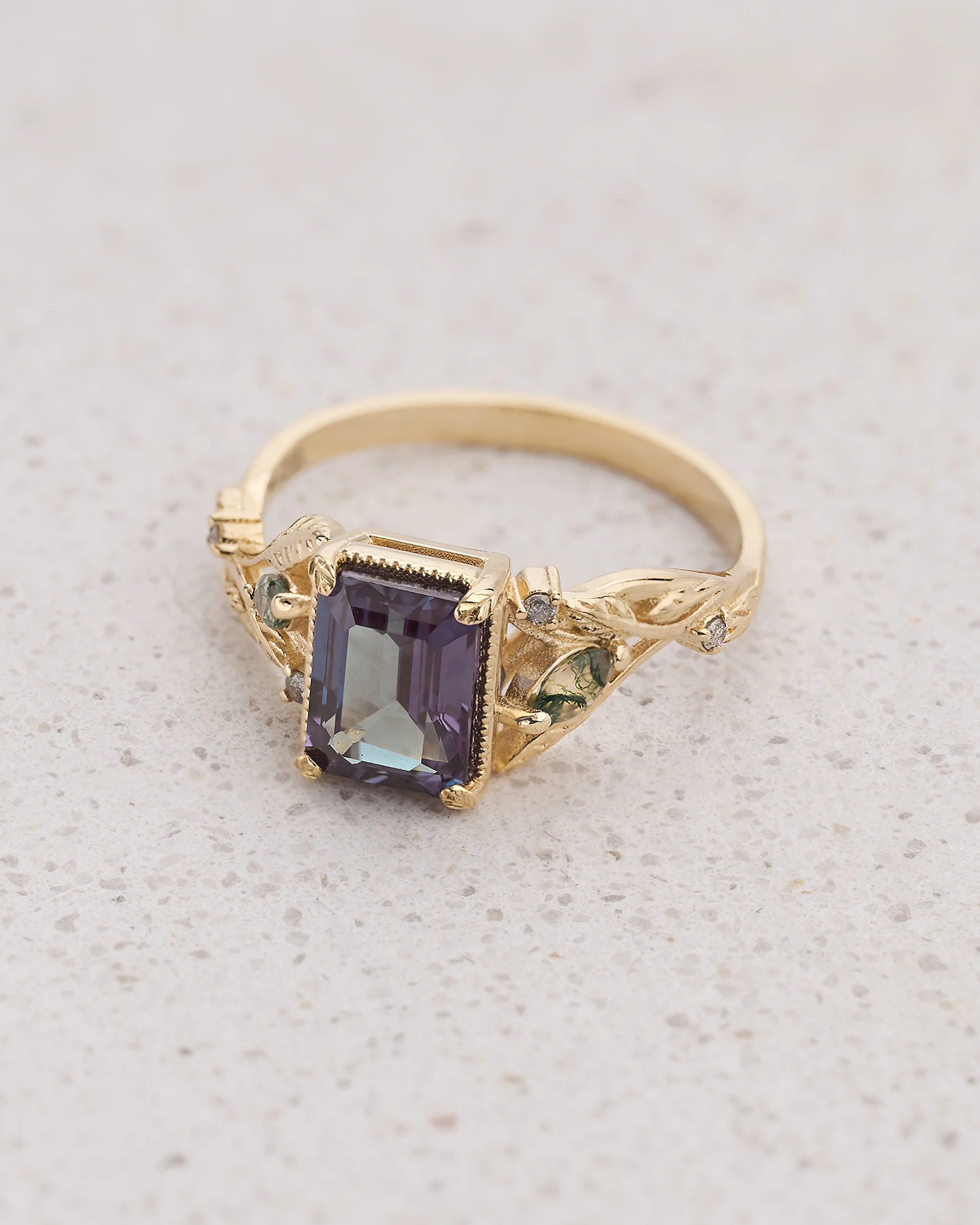 READY TO SHIP Patricia ring in 14K yellow gold, lab alexandrite emerald cut 8x6 mm, accent moss agates and salt&pepper diamonds, AVAILABLE RING SIZES 5.25 - 8.25 US - Image 3
