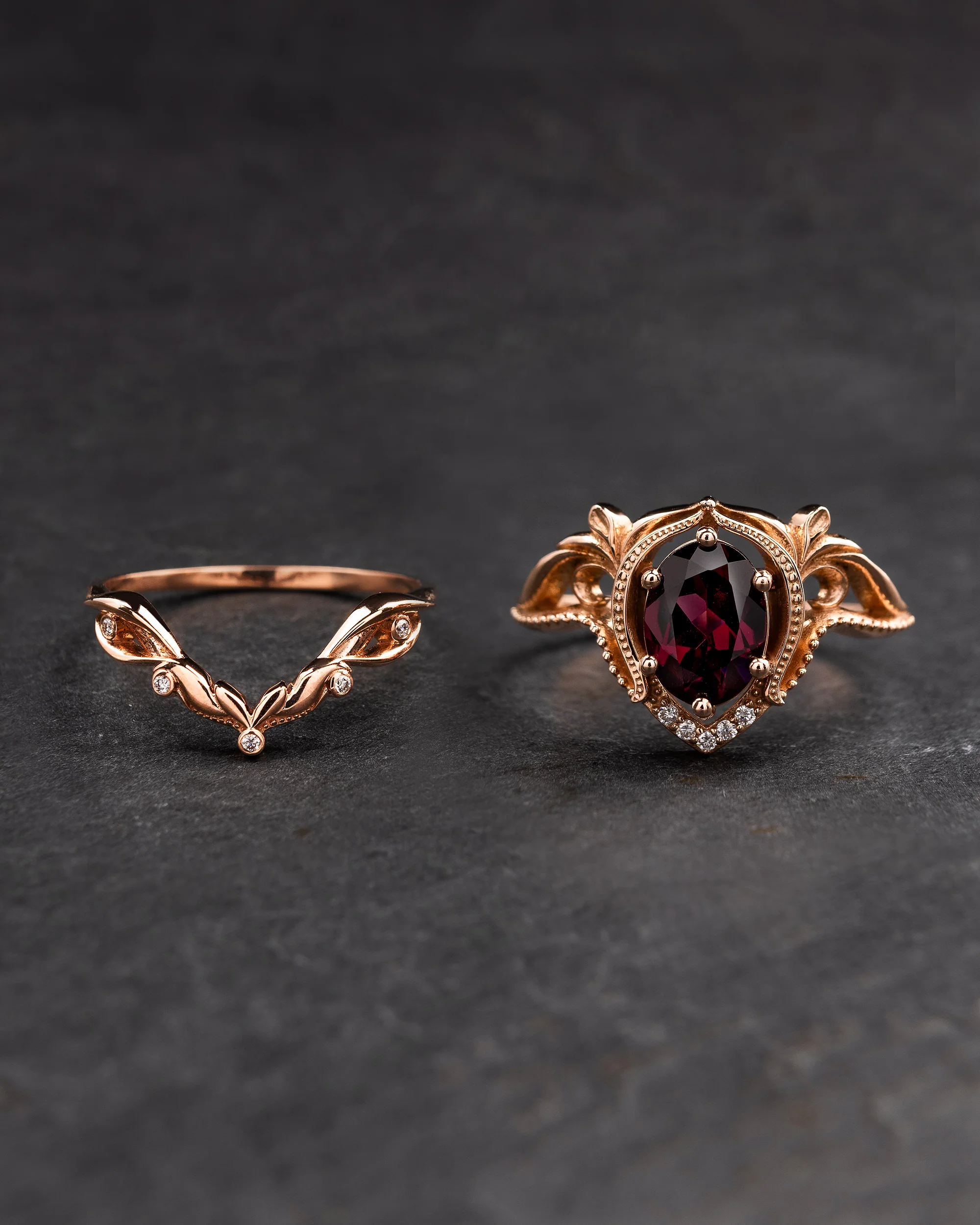 Art nouveau bridal ring set with rhodolite garnet / Lida oval - Image 3