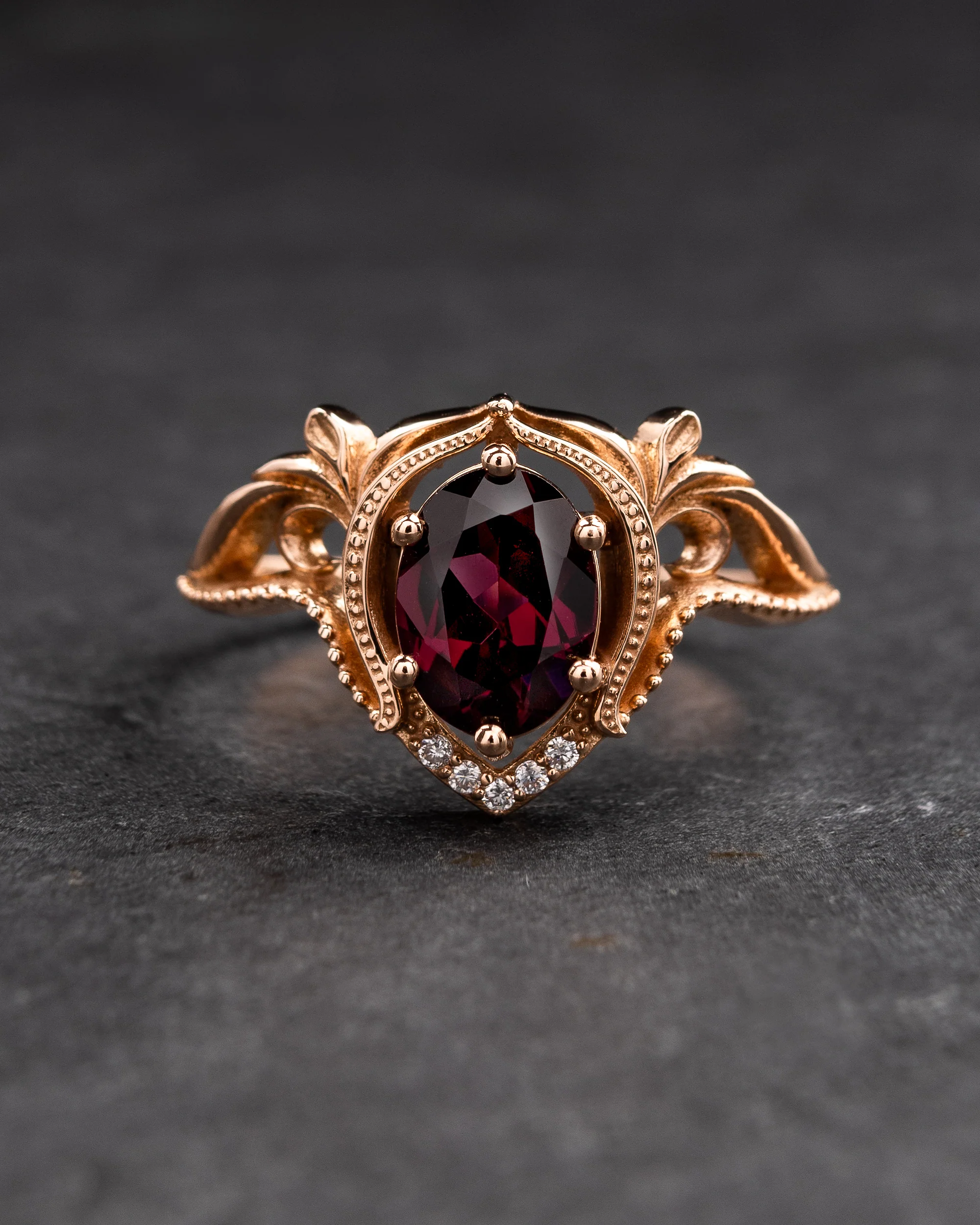 Art nouveau bridal ring set with rhodolite garnet / Lida oval - Image 4