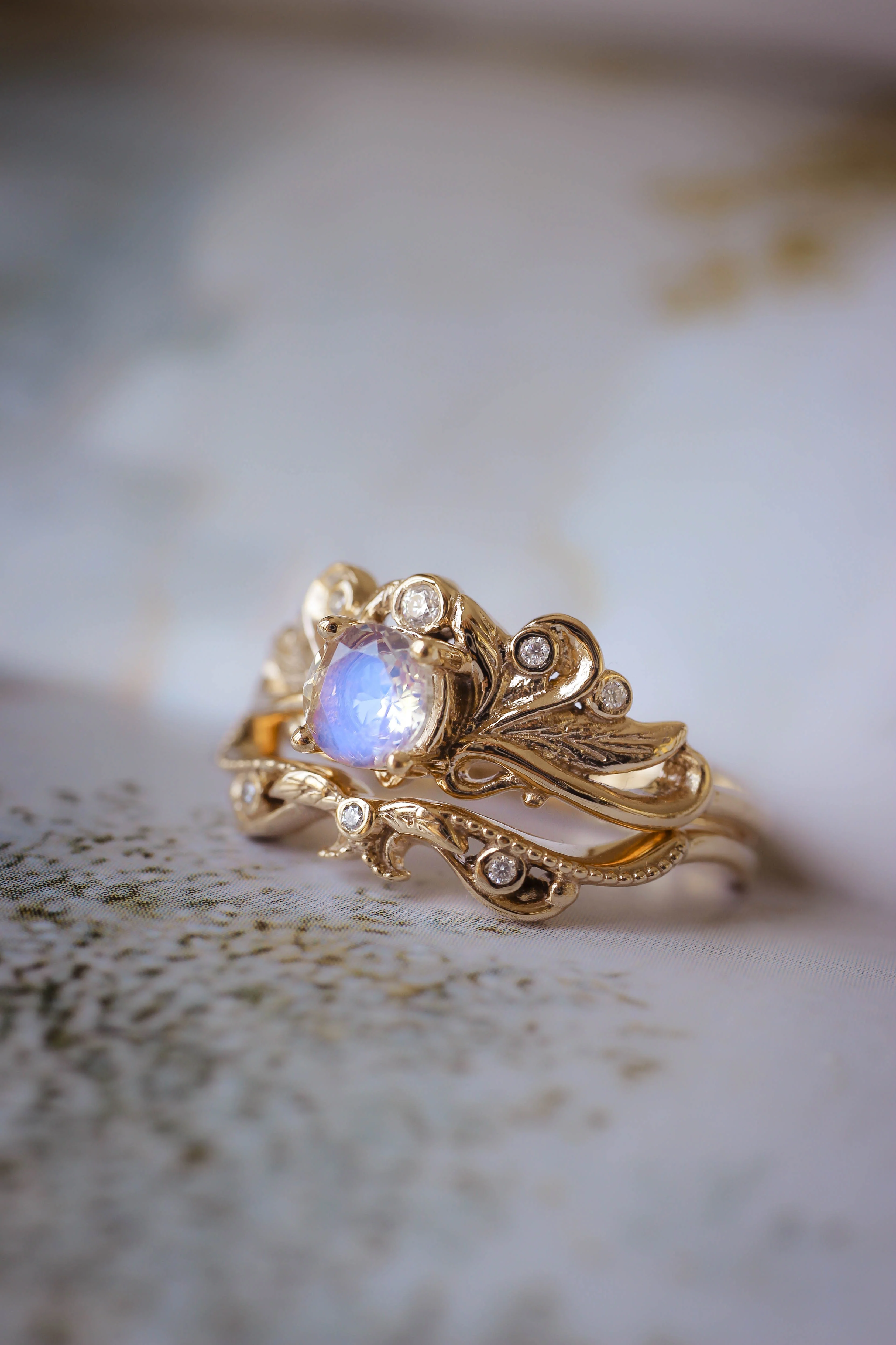 Blue moonstone vintage style bridal ring set / Damariss - Image 6