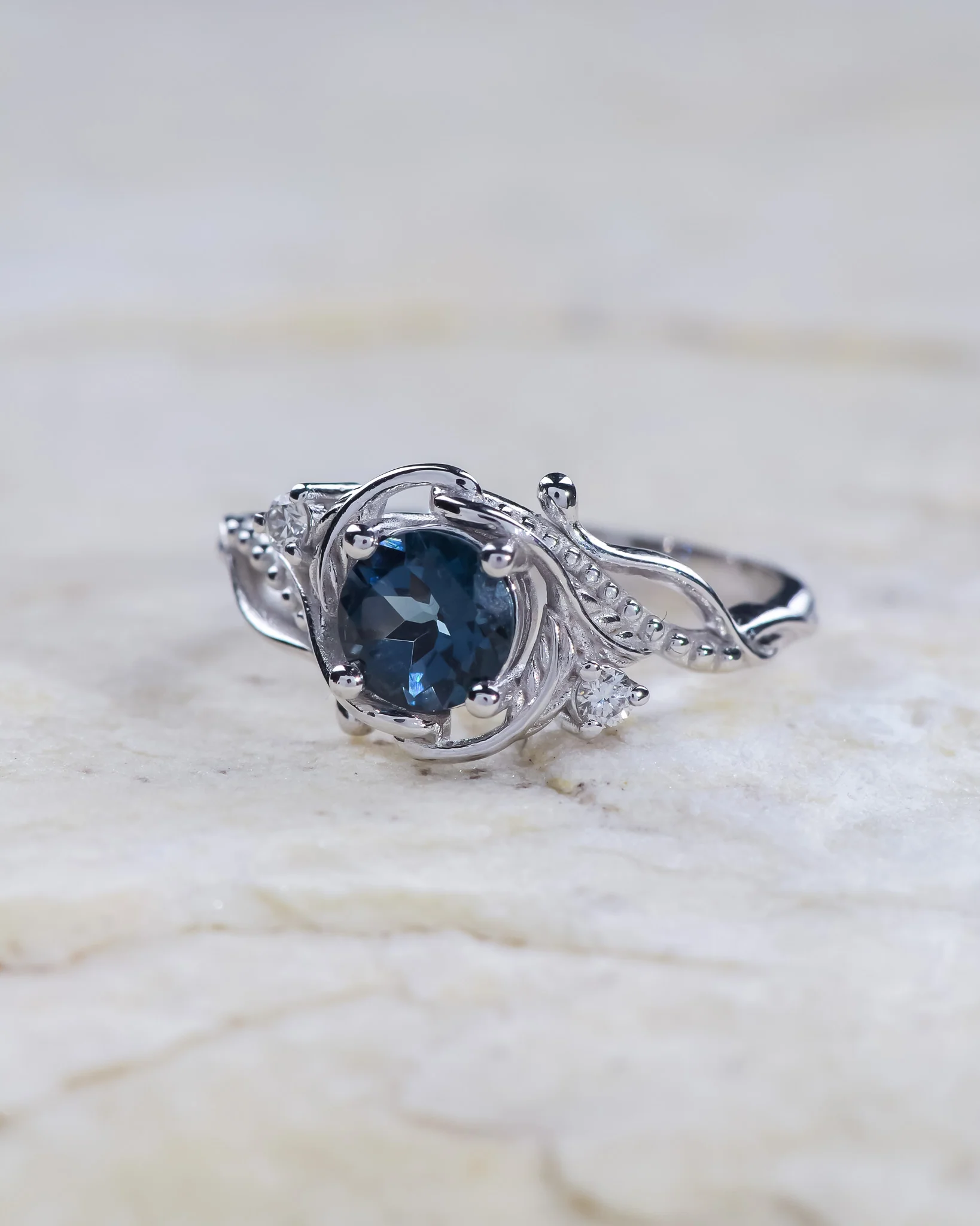 London blue topaz engagement ring, gold nature inspired ring / Undina - Image 3