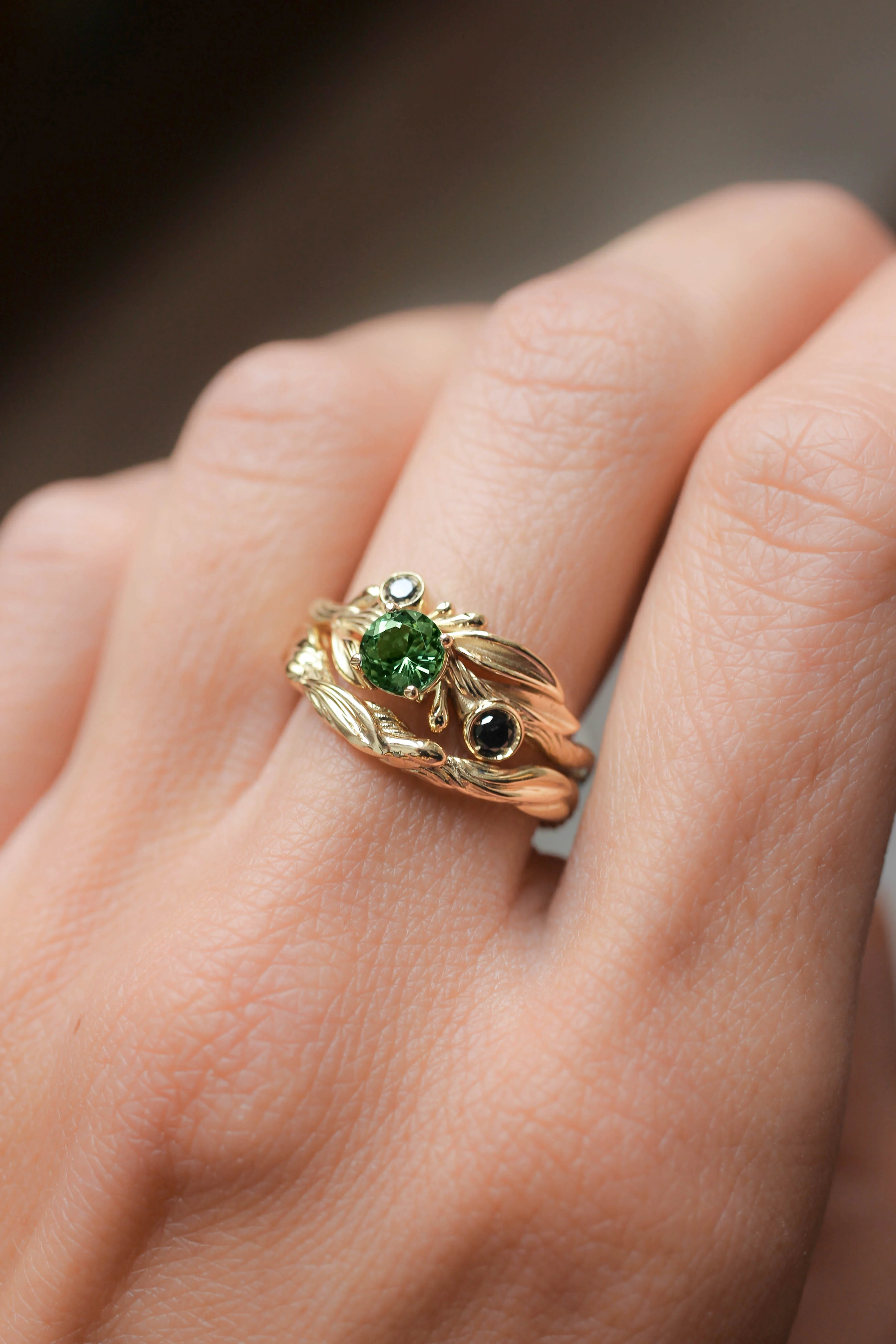 Bridal ring set with green tourmaline and black diamonds / Olivia - Image 3