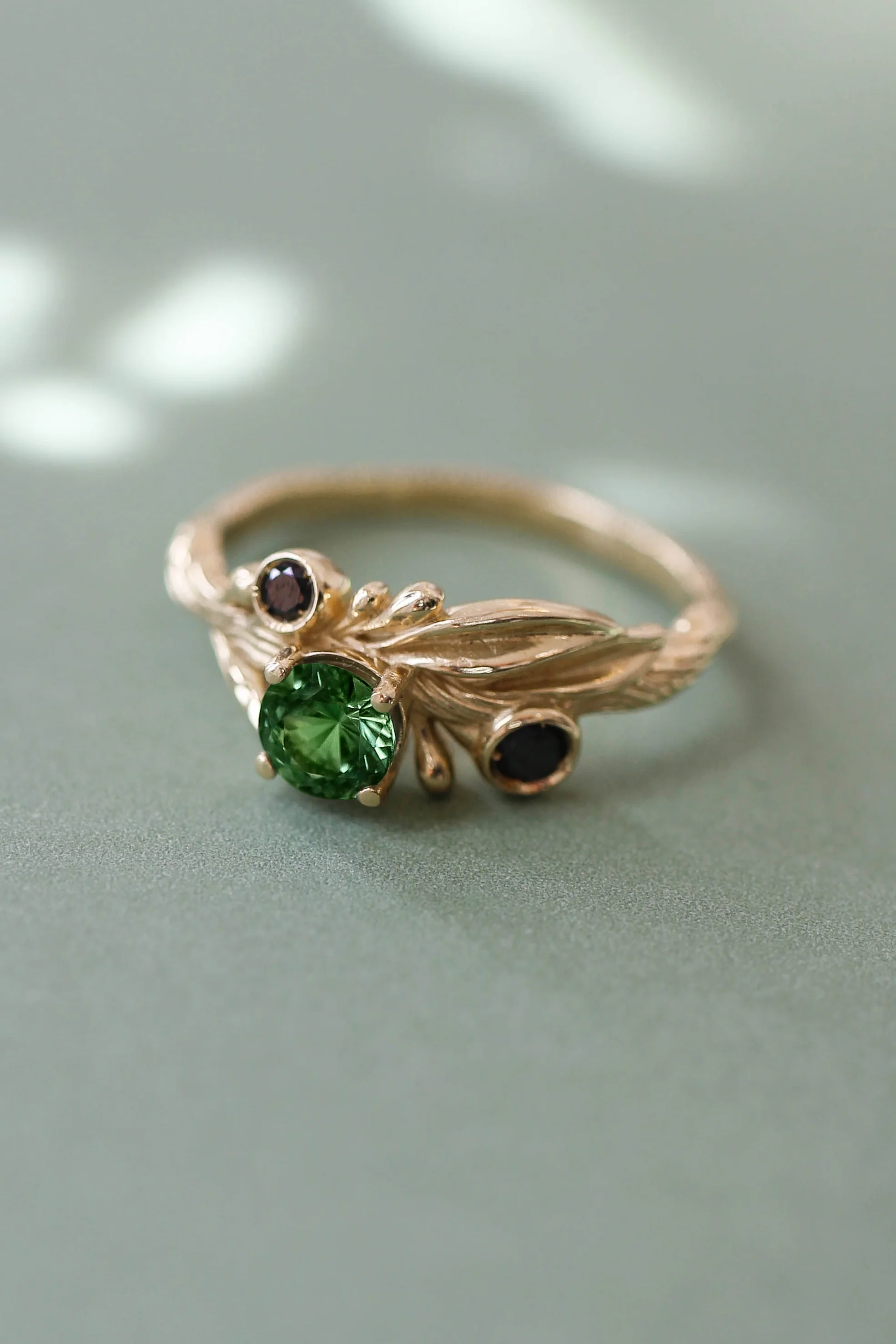 Bridal ring set with green tourmaline and black diamonds / Olivia - Image 4