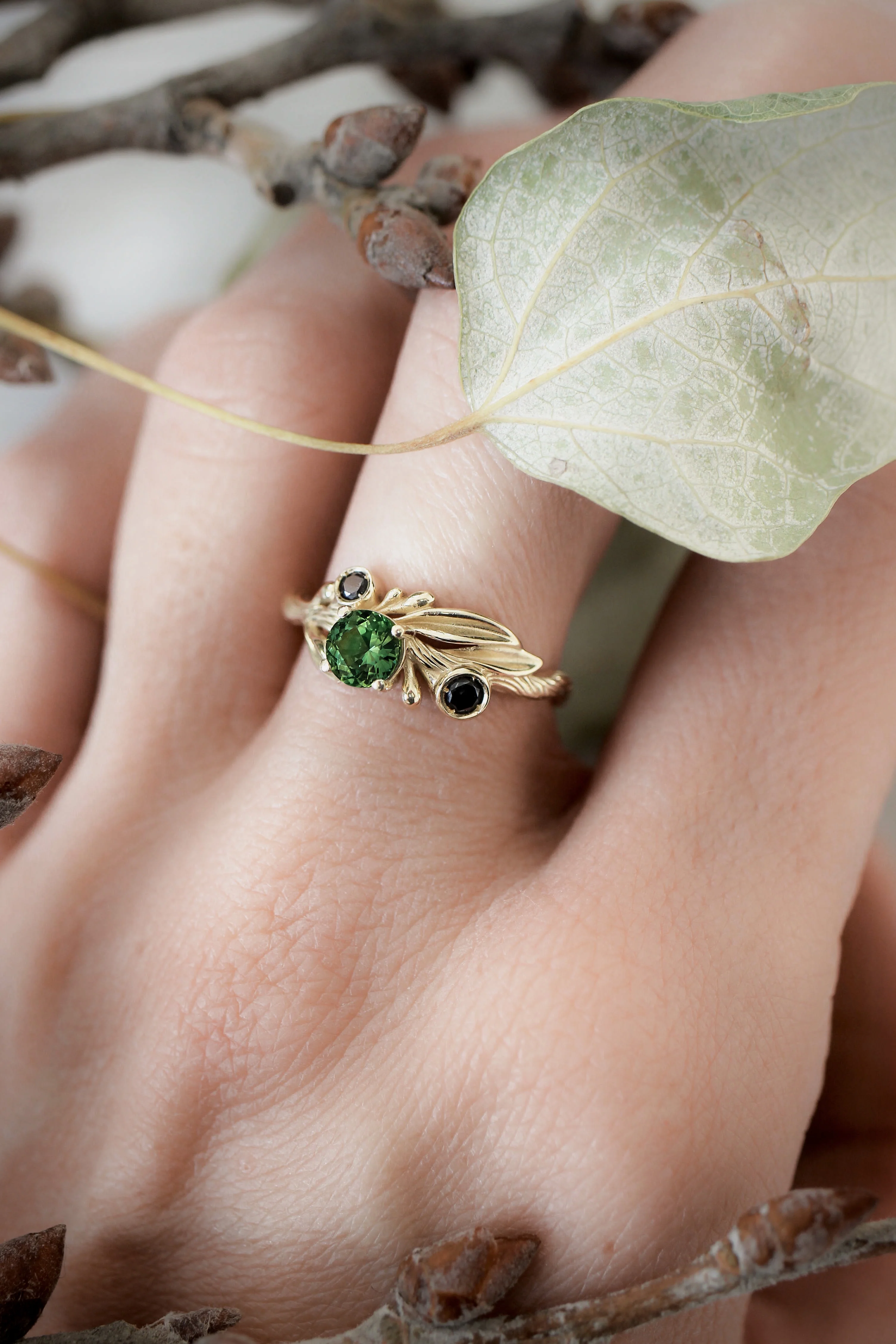 Bridal ring set with green tourmaline and black diamonds / Olivia - Image 5