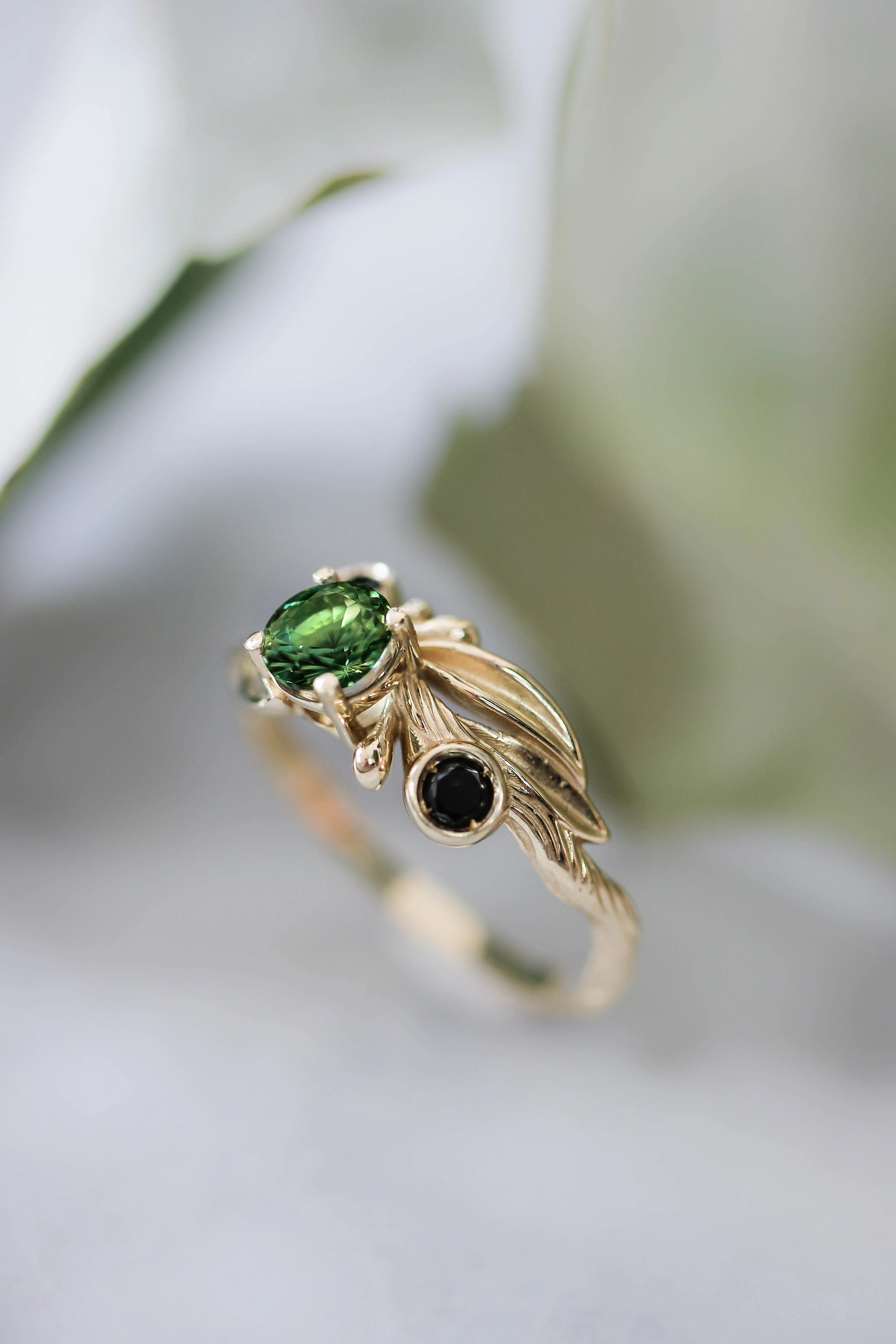 Bridal ring set with green tourmaline and black diamonds / Olivia - Image 6