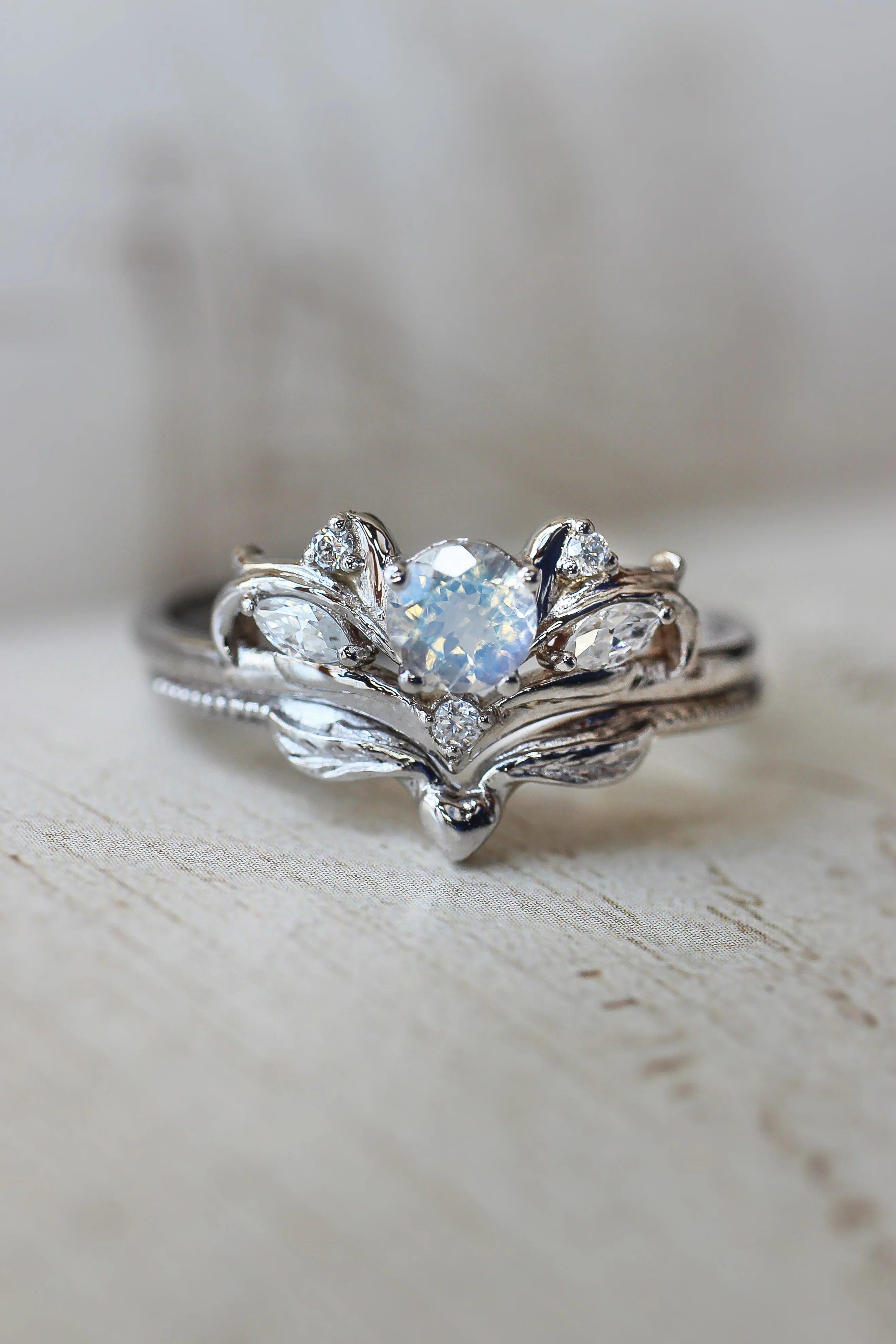 Bridal ring set with rainbow moonstone / Swanlake - Image 12