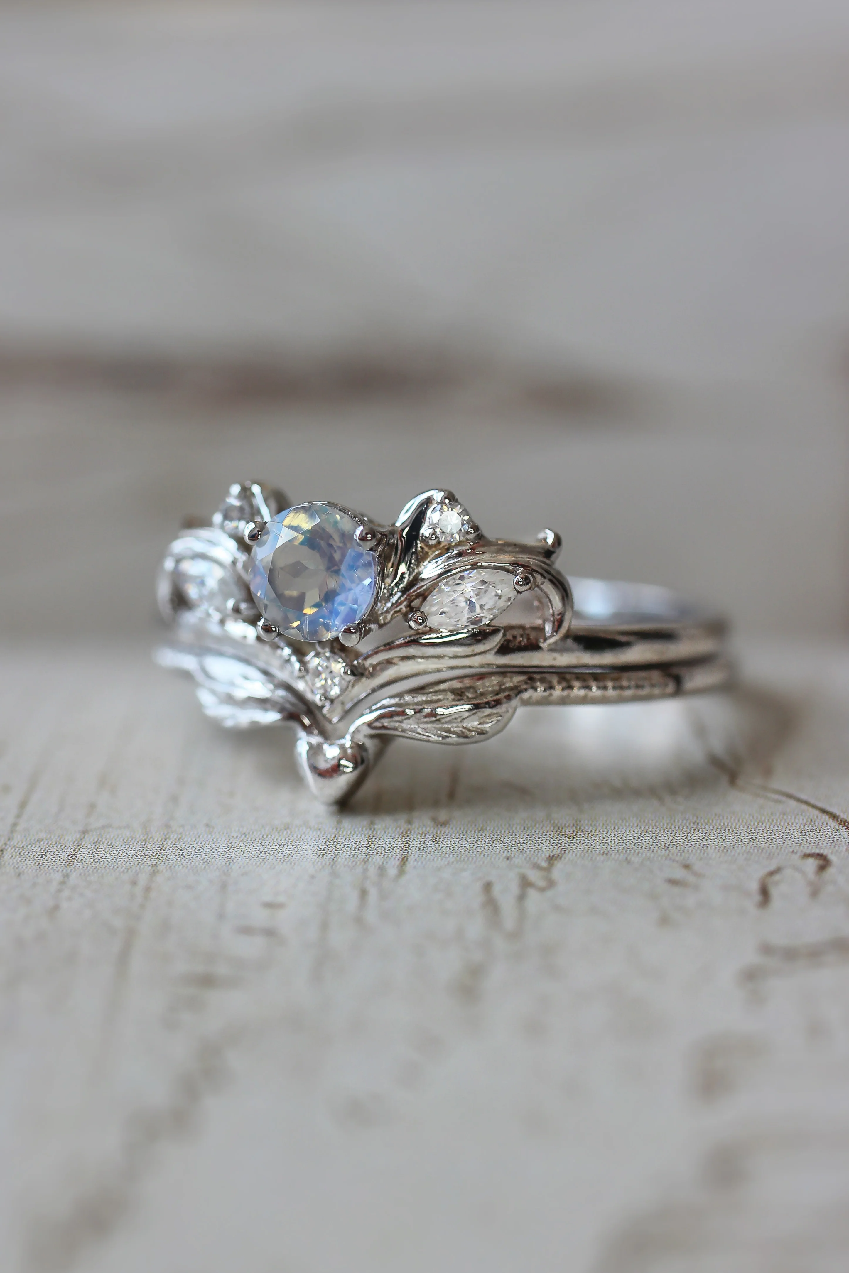 Bridal ring set with rainbow moonstone / Swanlake - Image 13