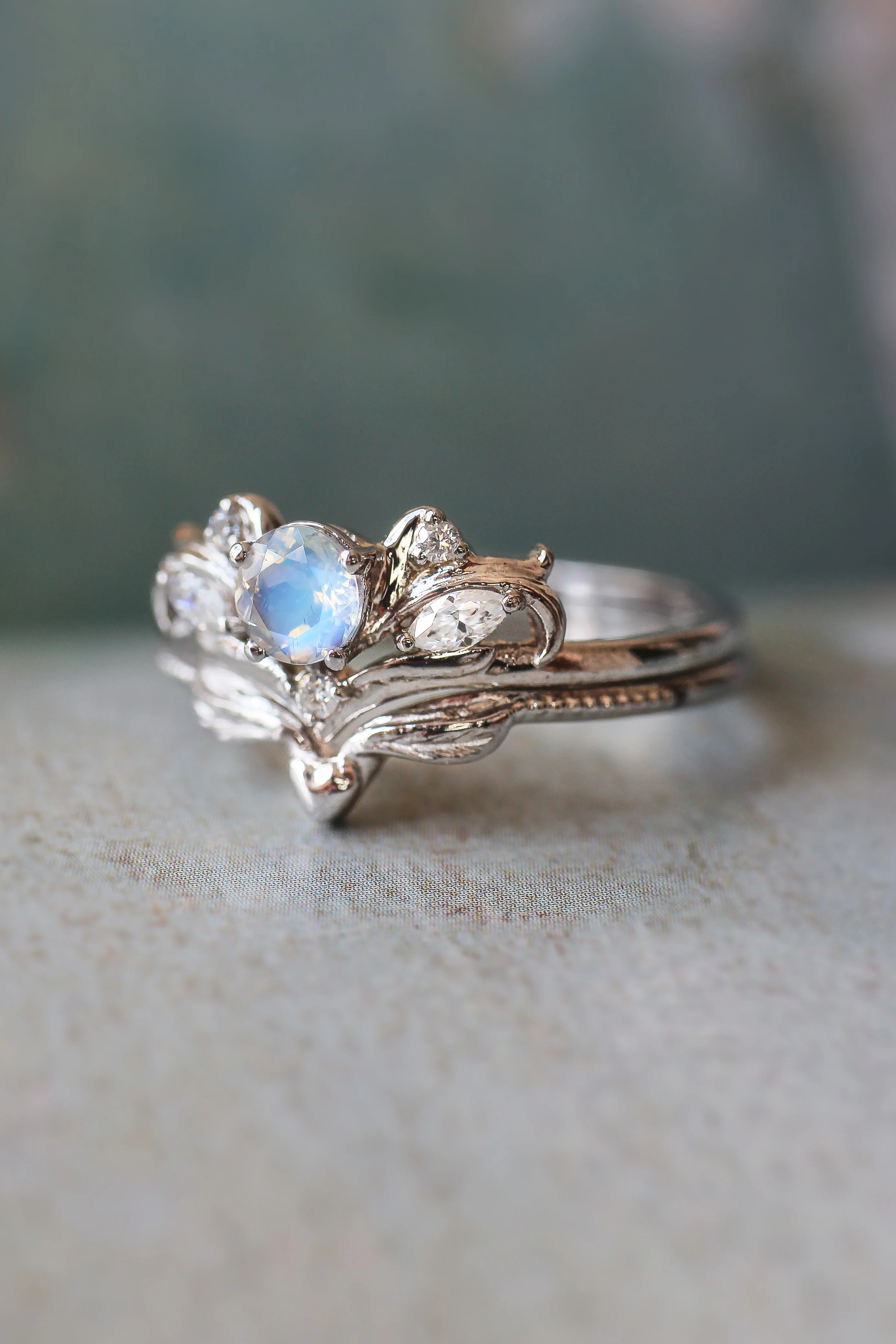Bridal ring set with rainbow moonstone / Swanlake - Image 15
