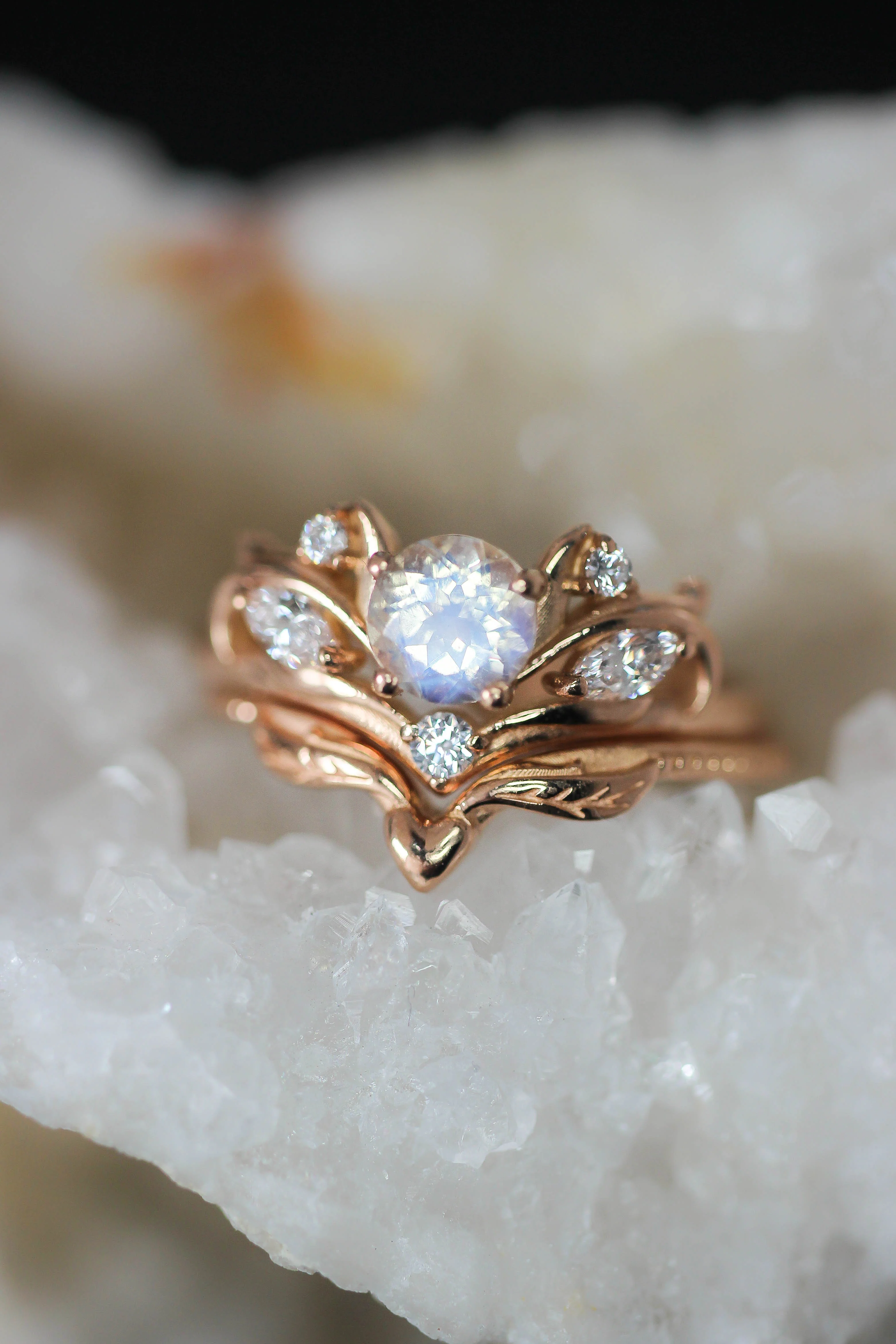 Bridal ring set with rainbow moonstone / Swanlake - Image 3