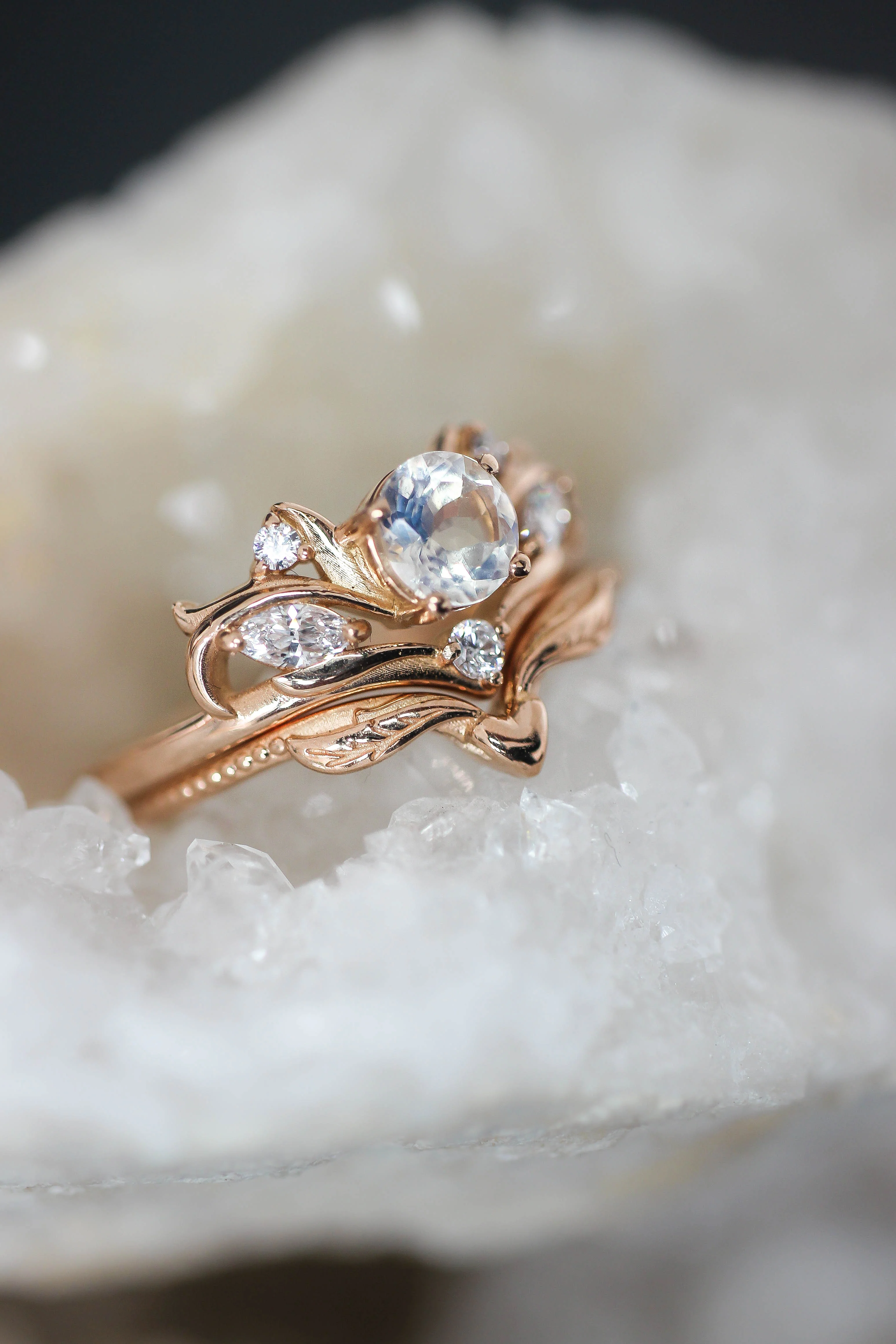 Bridal ring set with rainbow moonstone / Swanlake - Image 5