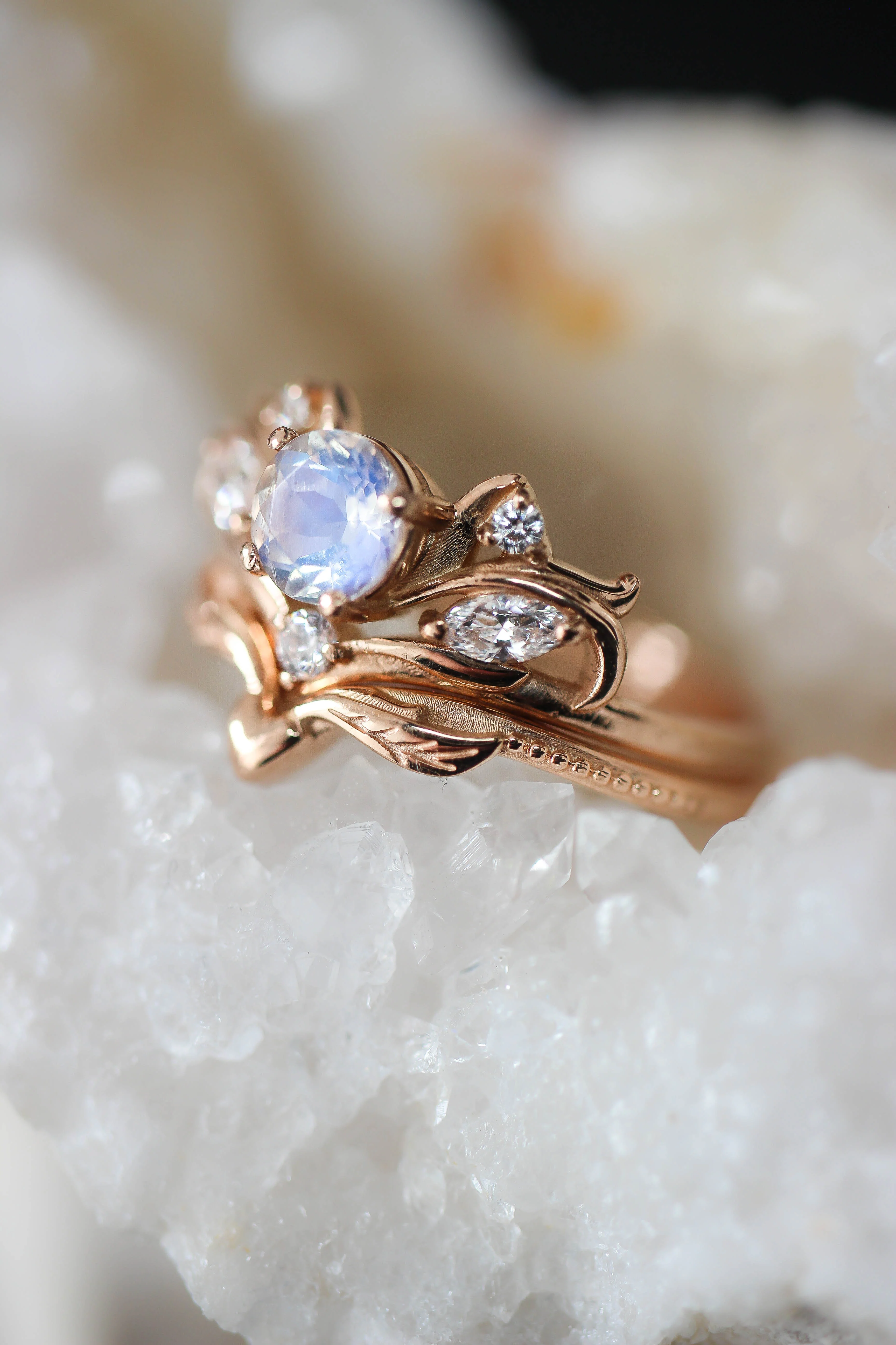 Bridal ring set with rainbow moonstone / Swanlake - Image 6