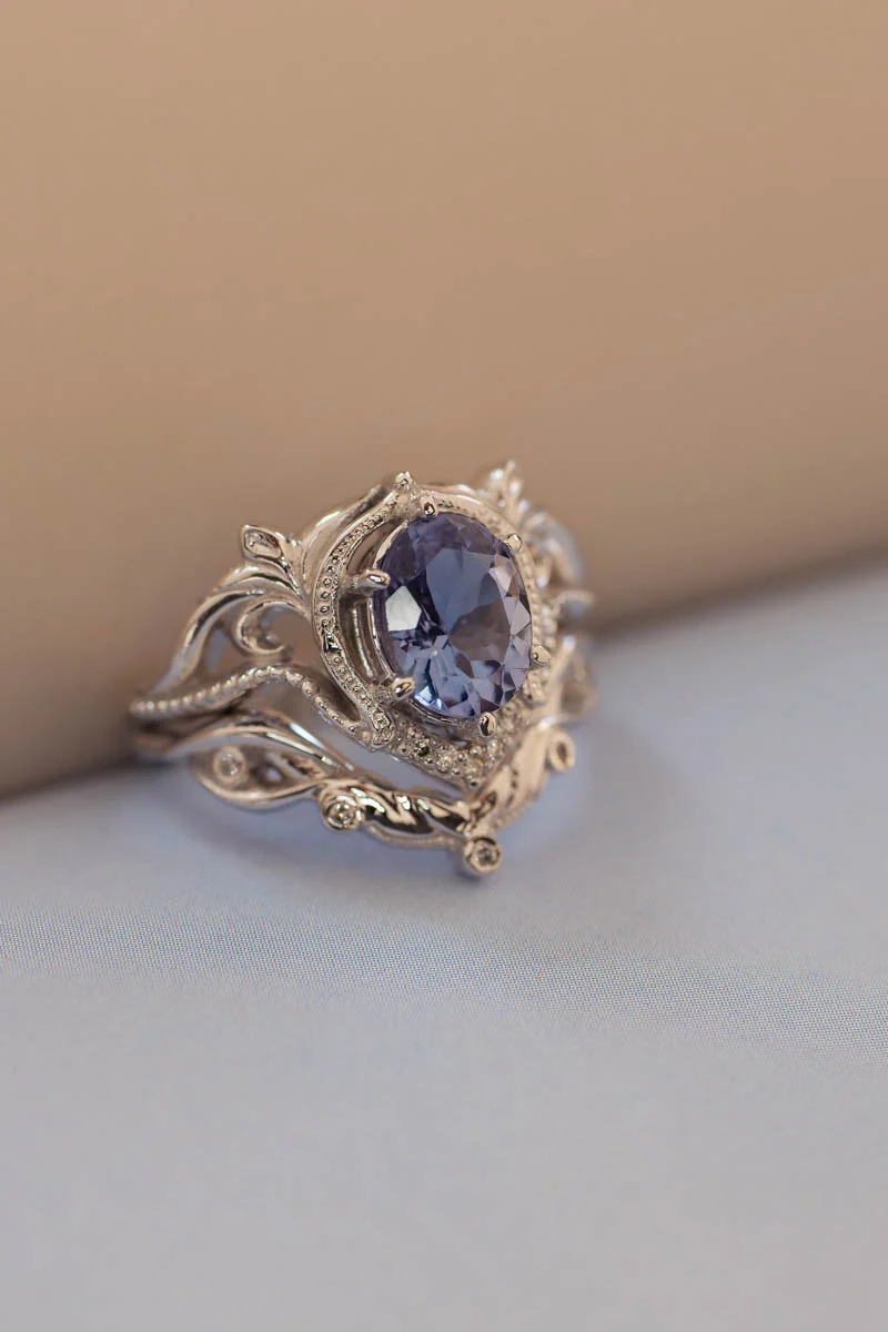 Bridal ring set with lavender tanzanite & diamonds / Lida oval - Image 6