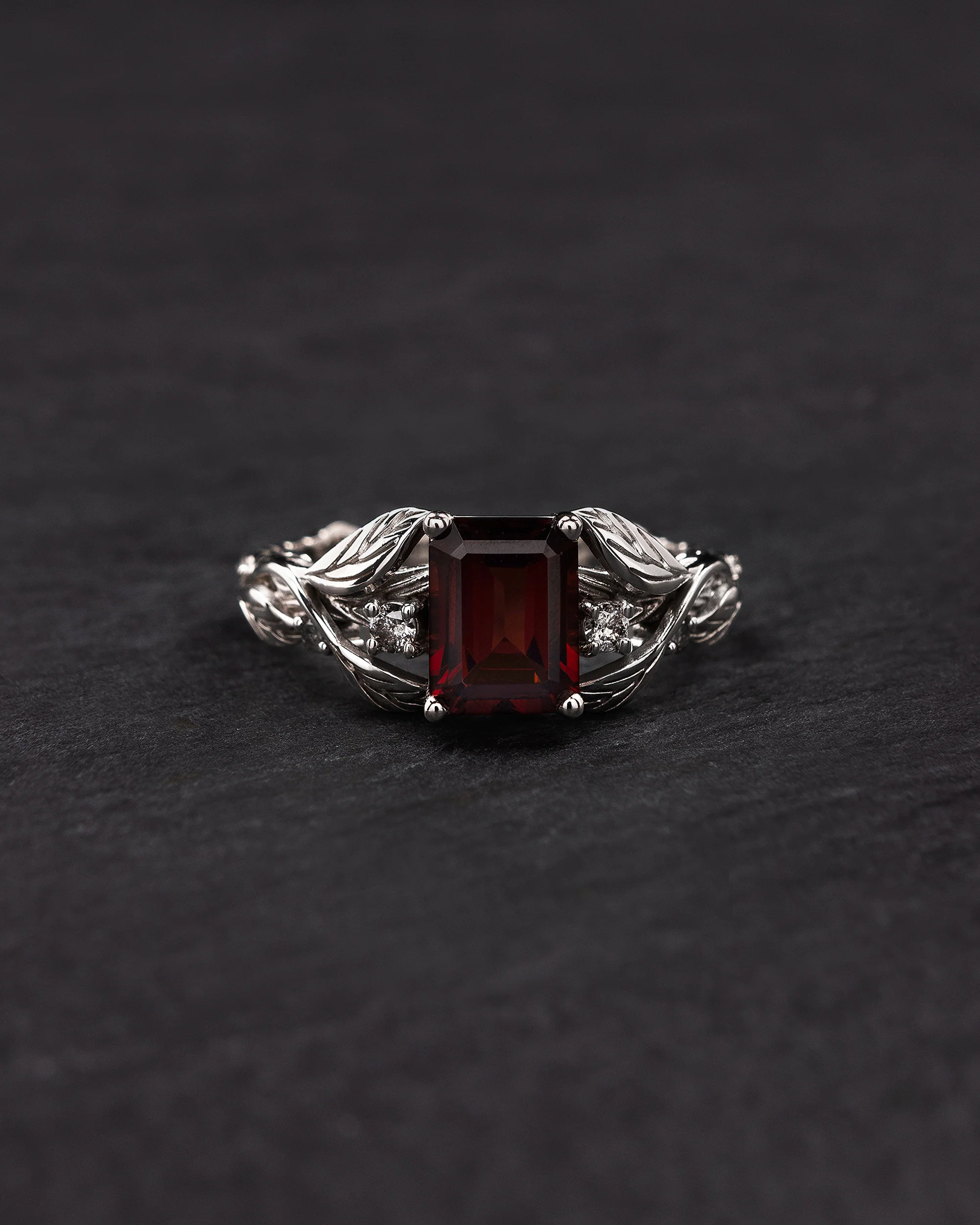 Clematis | nature engagement ring setting, 8x6 mm emerald cut central gem with accents - Image 3