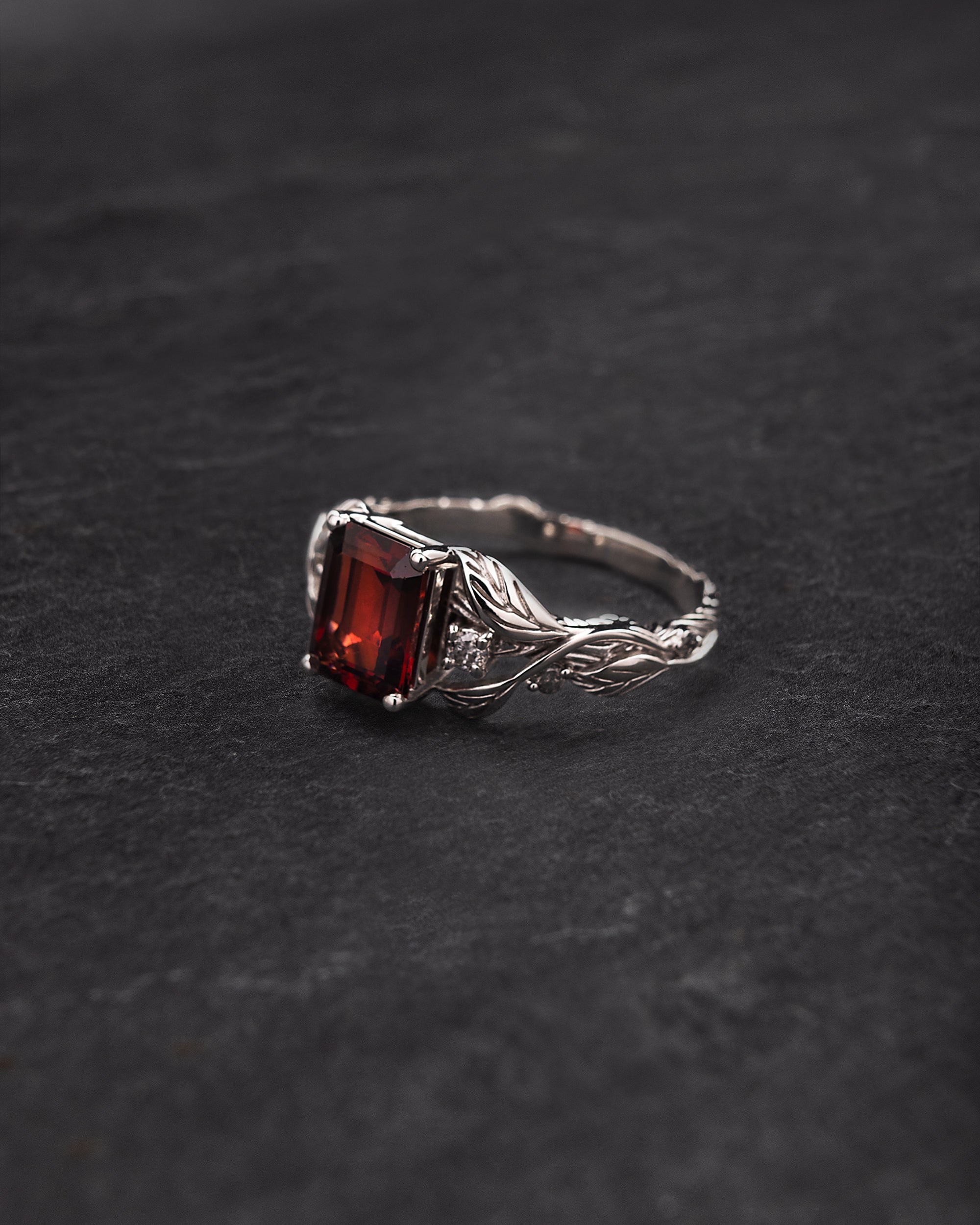 Clematis | nature engagement ring setting, 8x6 mm emerald cut central gem with accents - Image 4