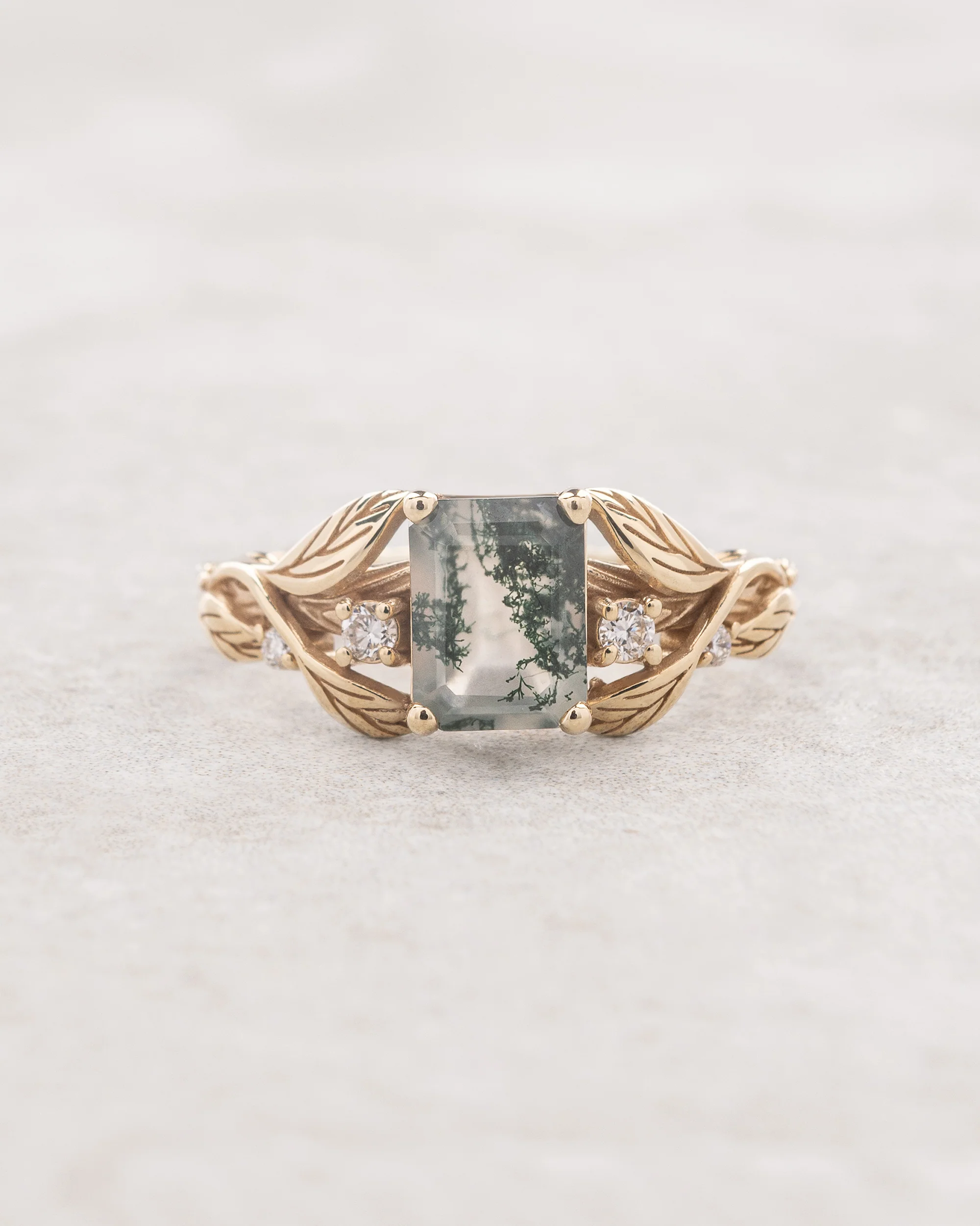 Clematis | nature engagement ring setting, 8x6 mm emerald cut central gem with accents - Image 6