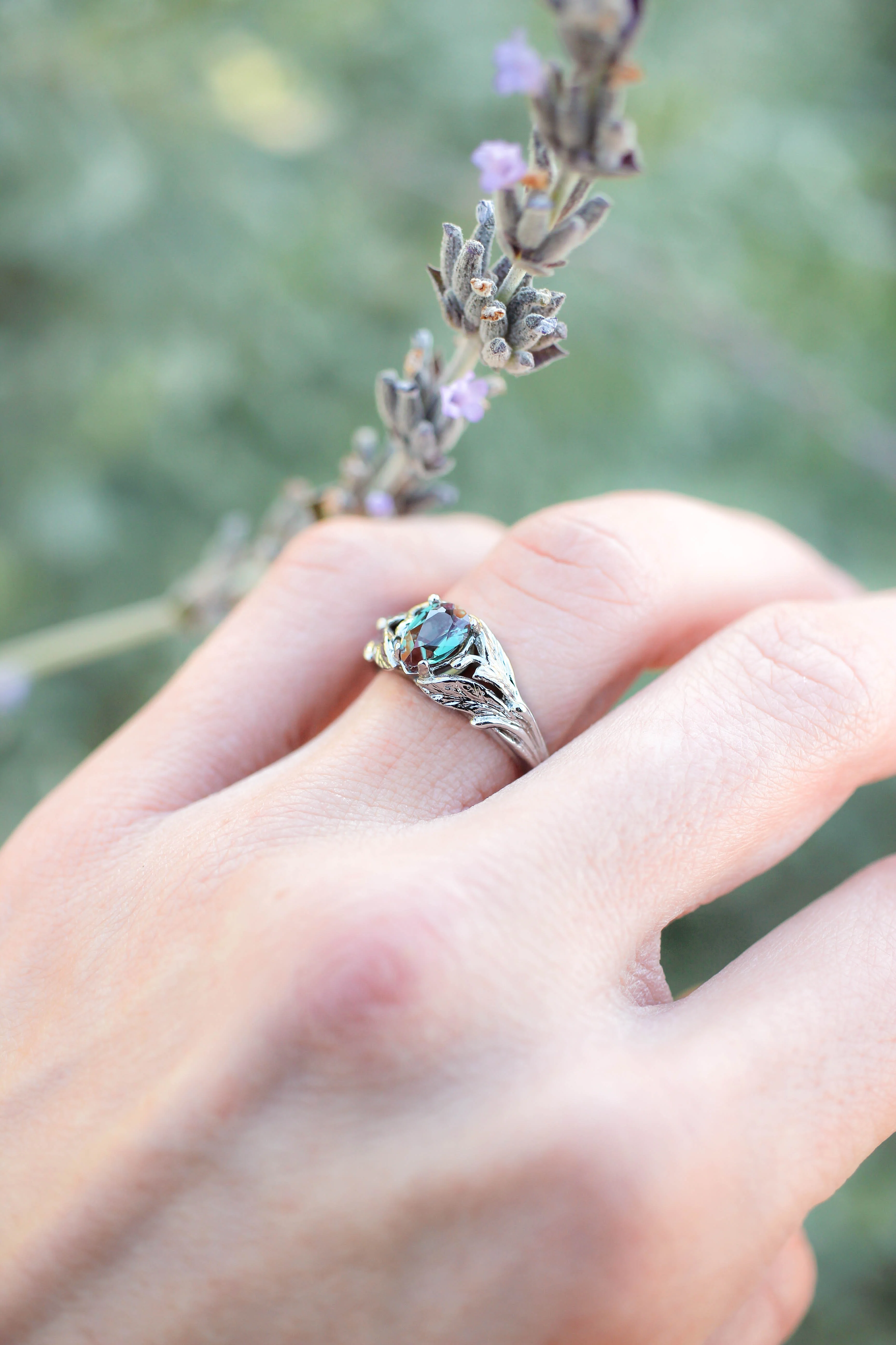 Pear alexandrite ring, gold leaves engagement ring / Wisteria - Image 5
