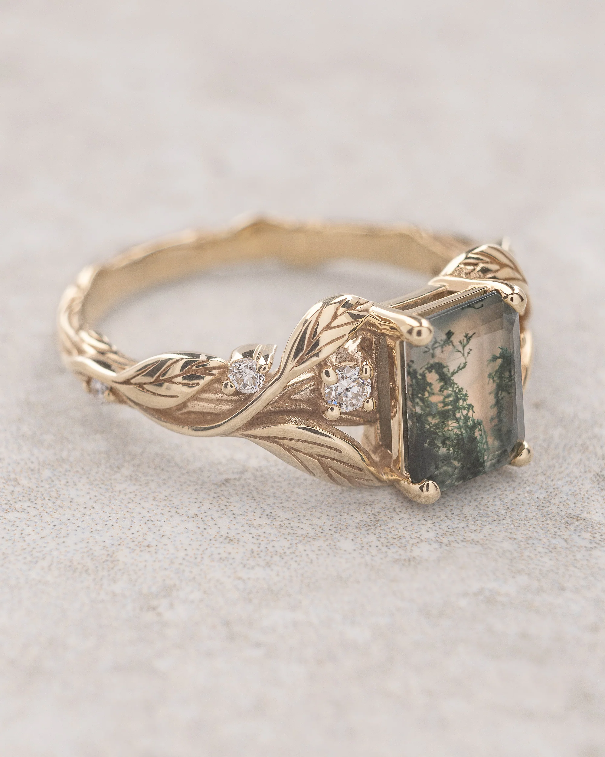 Emerald cut moss agate engagement ring, gold leafy ring with diamonds / Clematis - Image 4