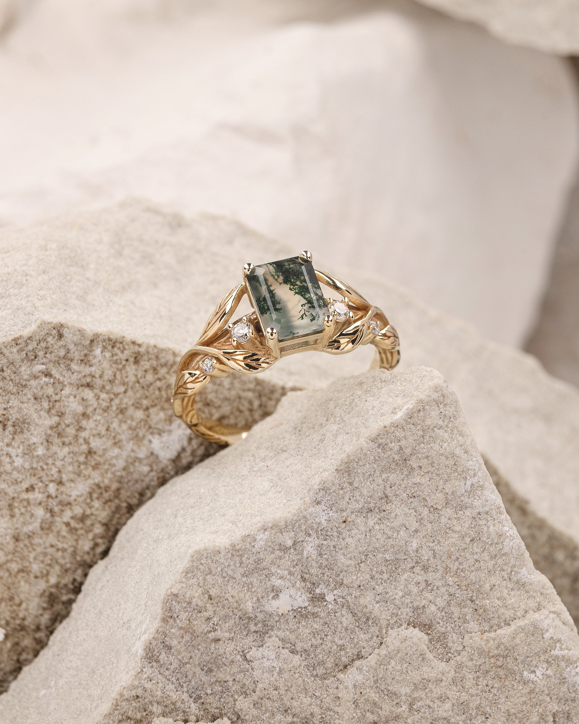 Emerald cut moss agate engagement ring, gold leafy ring with diamonds / Clematis - Image 5