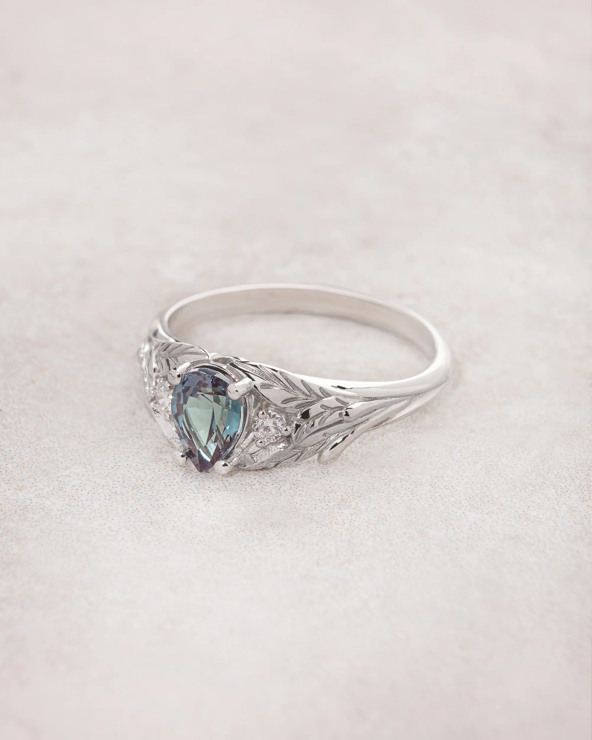 Pear alexandrite ring with diamonds, leaf engagement ring / Wisteria - Image 3