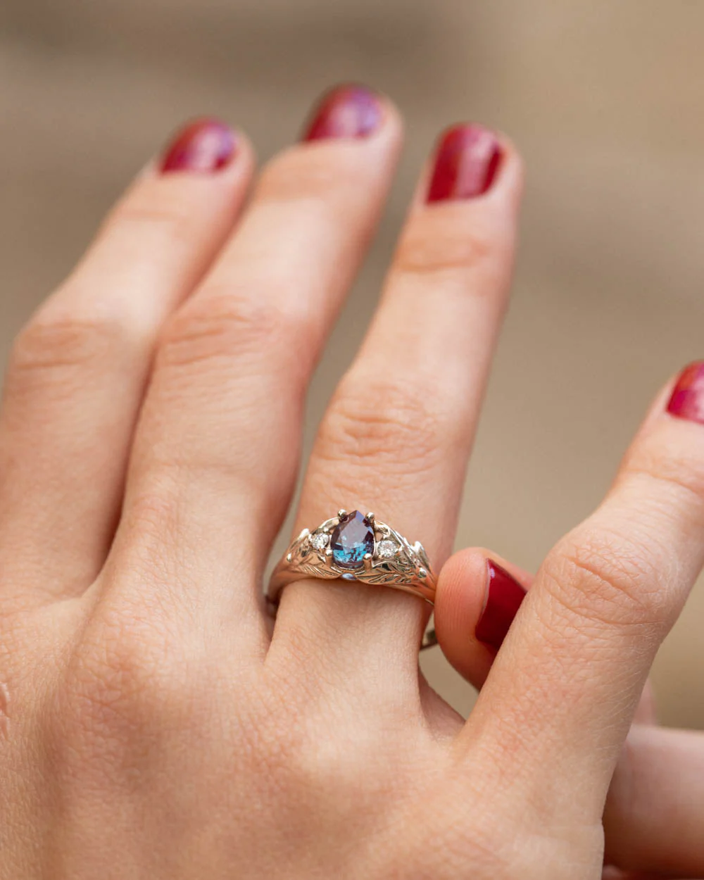 Pear alexandrite ring with diamonds, leaf engagement ring / Wisteria - Image 4