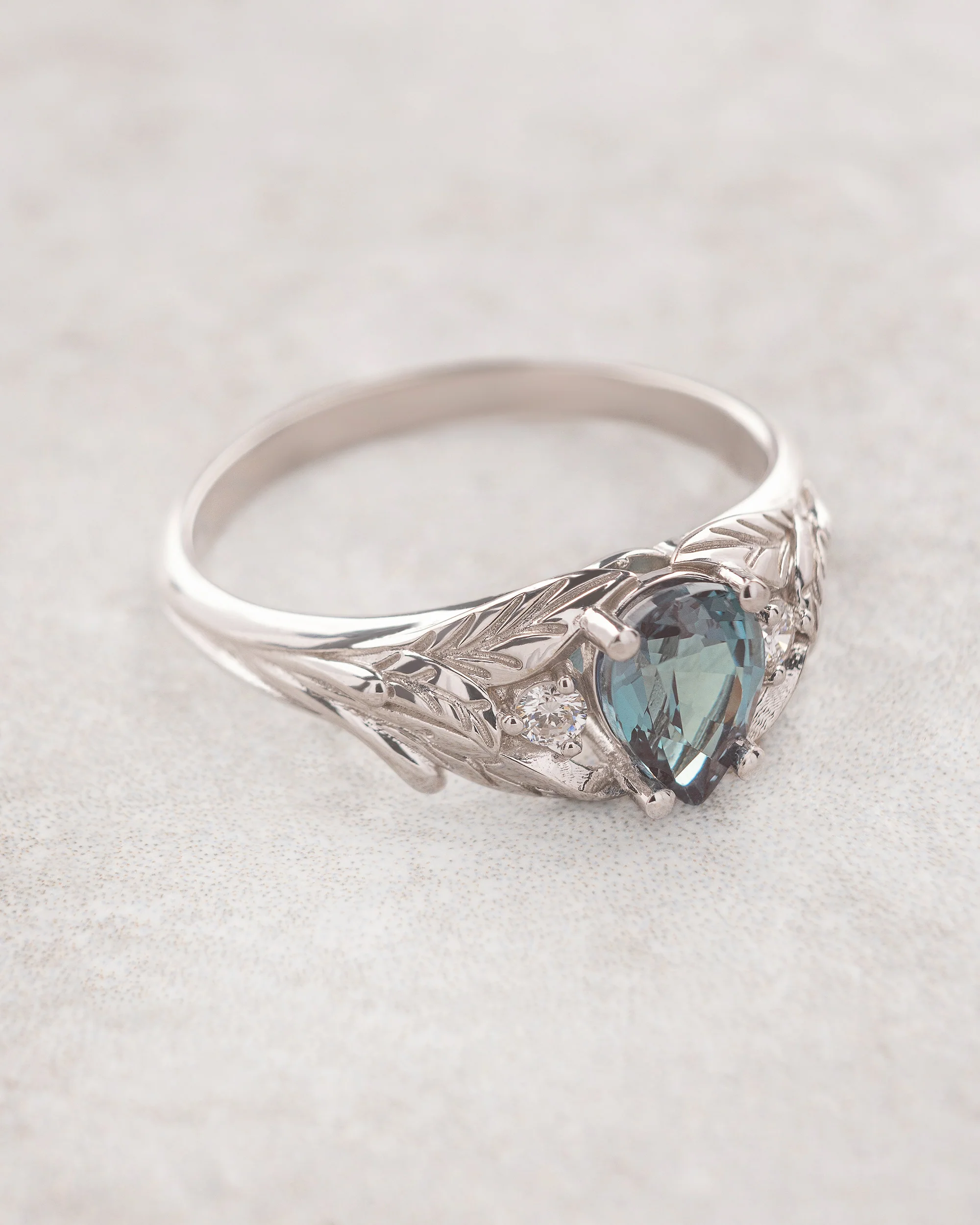 Pear alexandrite ring with diamonds, leaf engagement ring / Wisteria - Image 5
