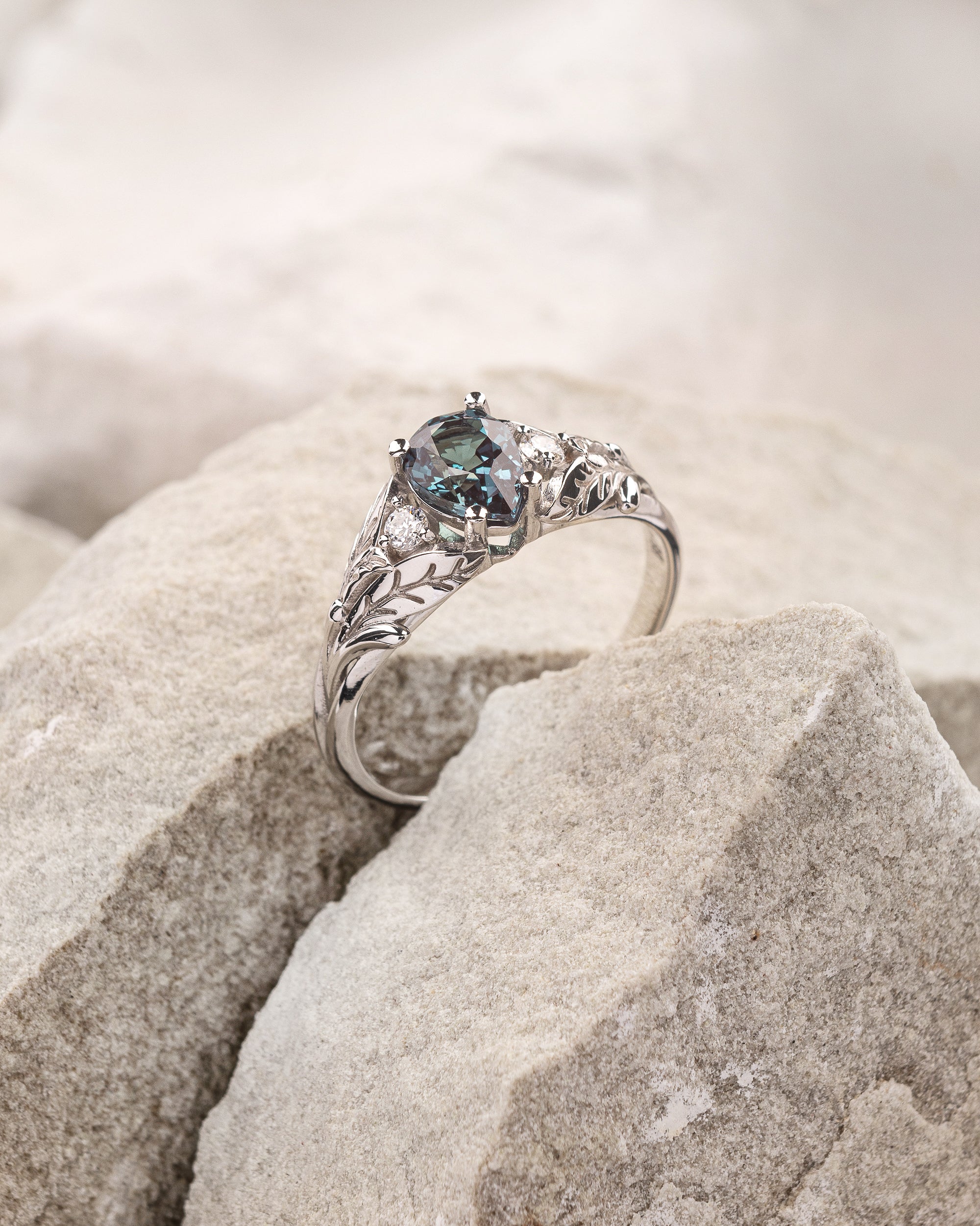 Pear alexandrite ring with diamonds, leaf engagement ring / Wisteria - Image 6