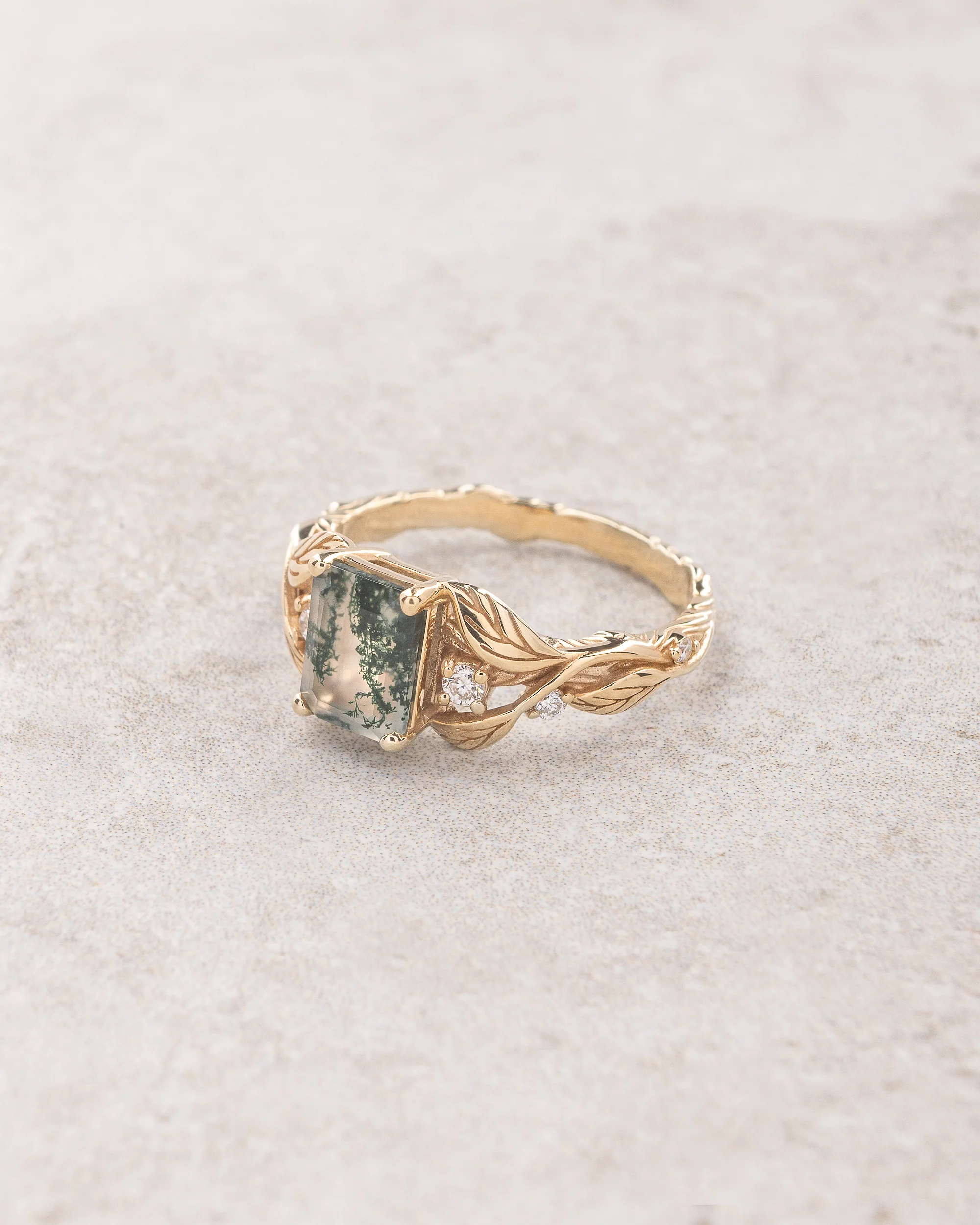 Emerald cut moss agate engagement ring, gold leaves with diamond dew / Clematis - Image 3