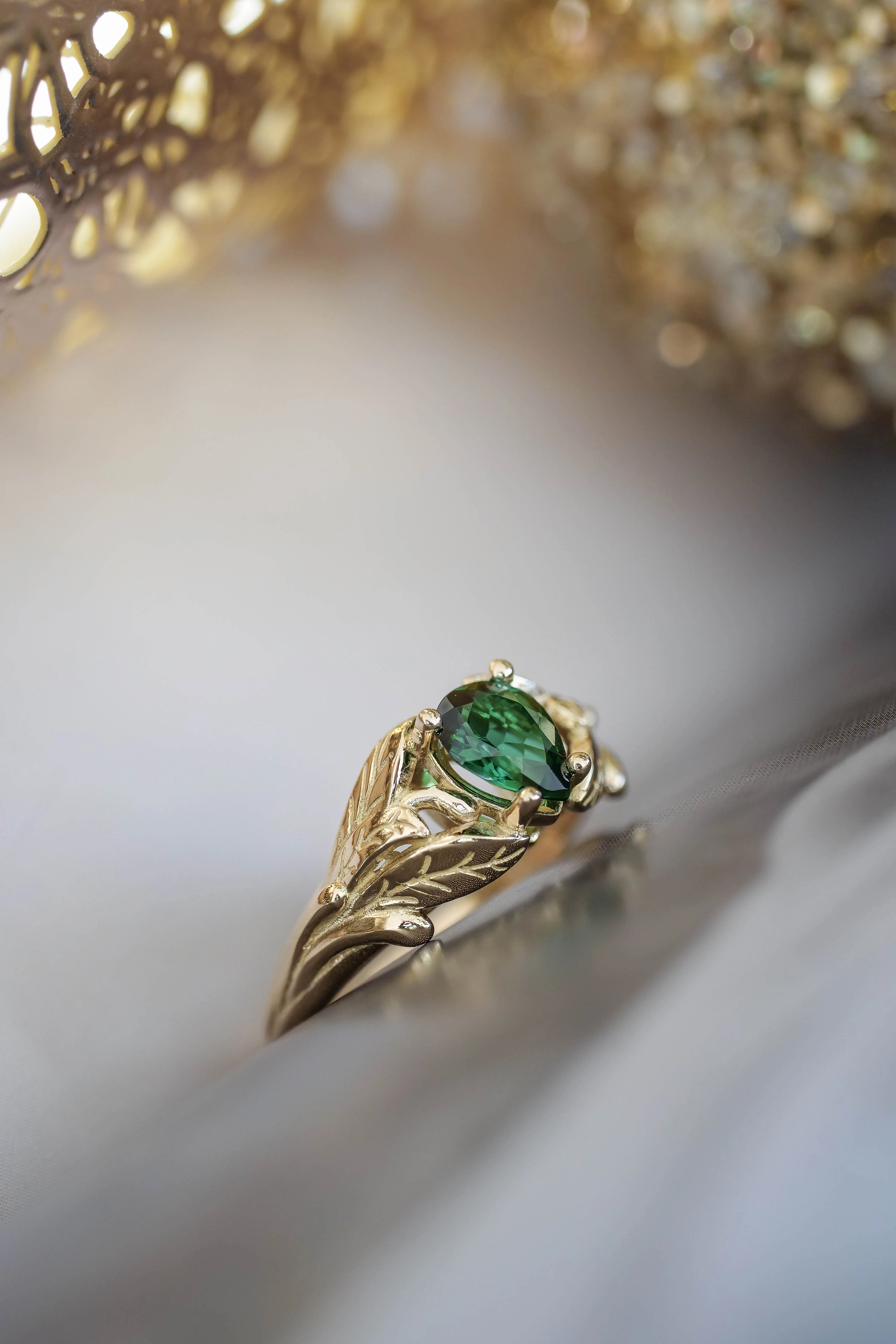 Gold leaf engagement ring with green tourmaline / Wisteria - Image 3