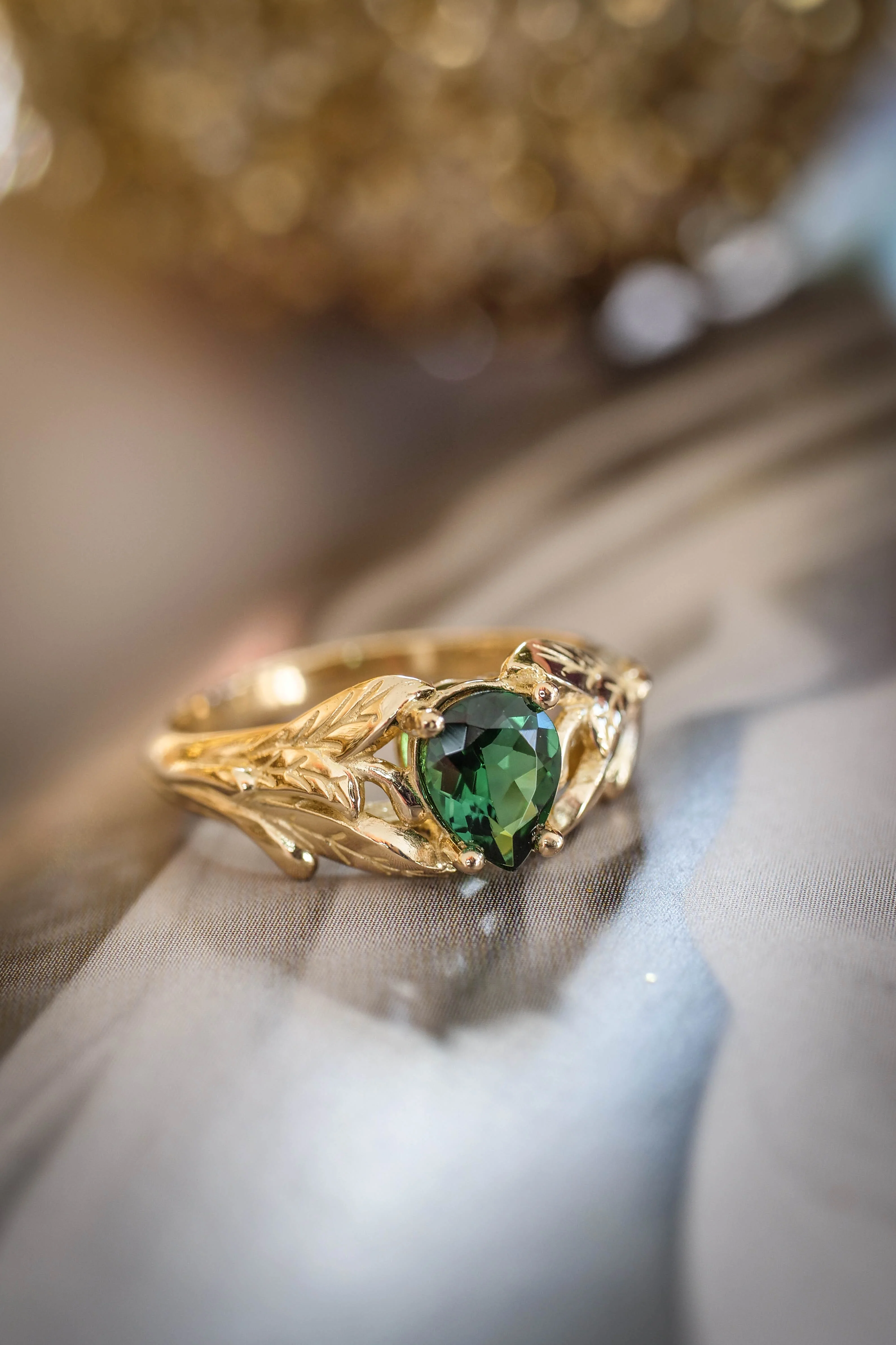 Gold leaf engagement ring with green tourmaline / Wisteria - Image 4