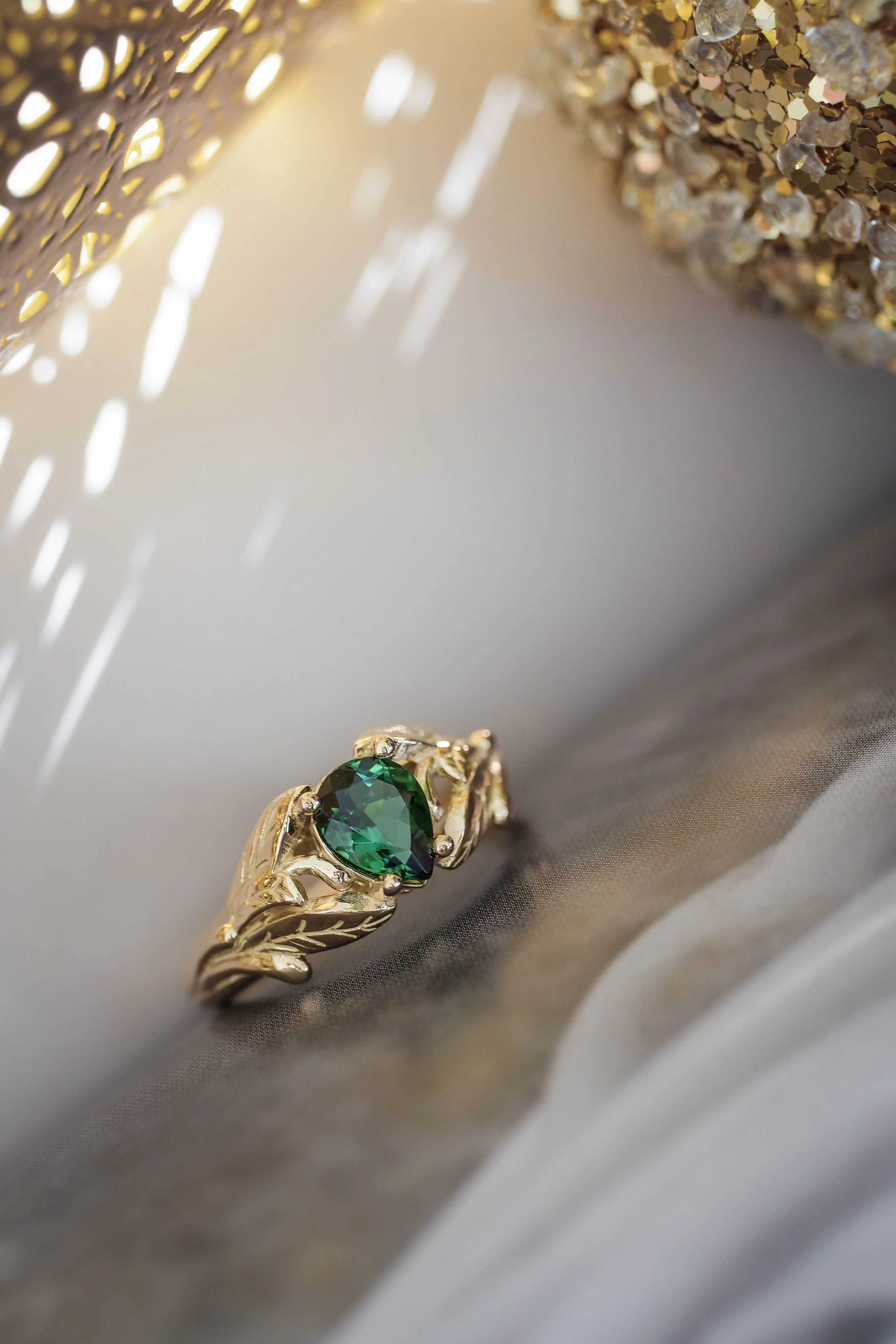 Gold leaf engagement ring with green tourmaline / Wisteria - Image 5