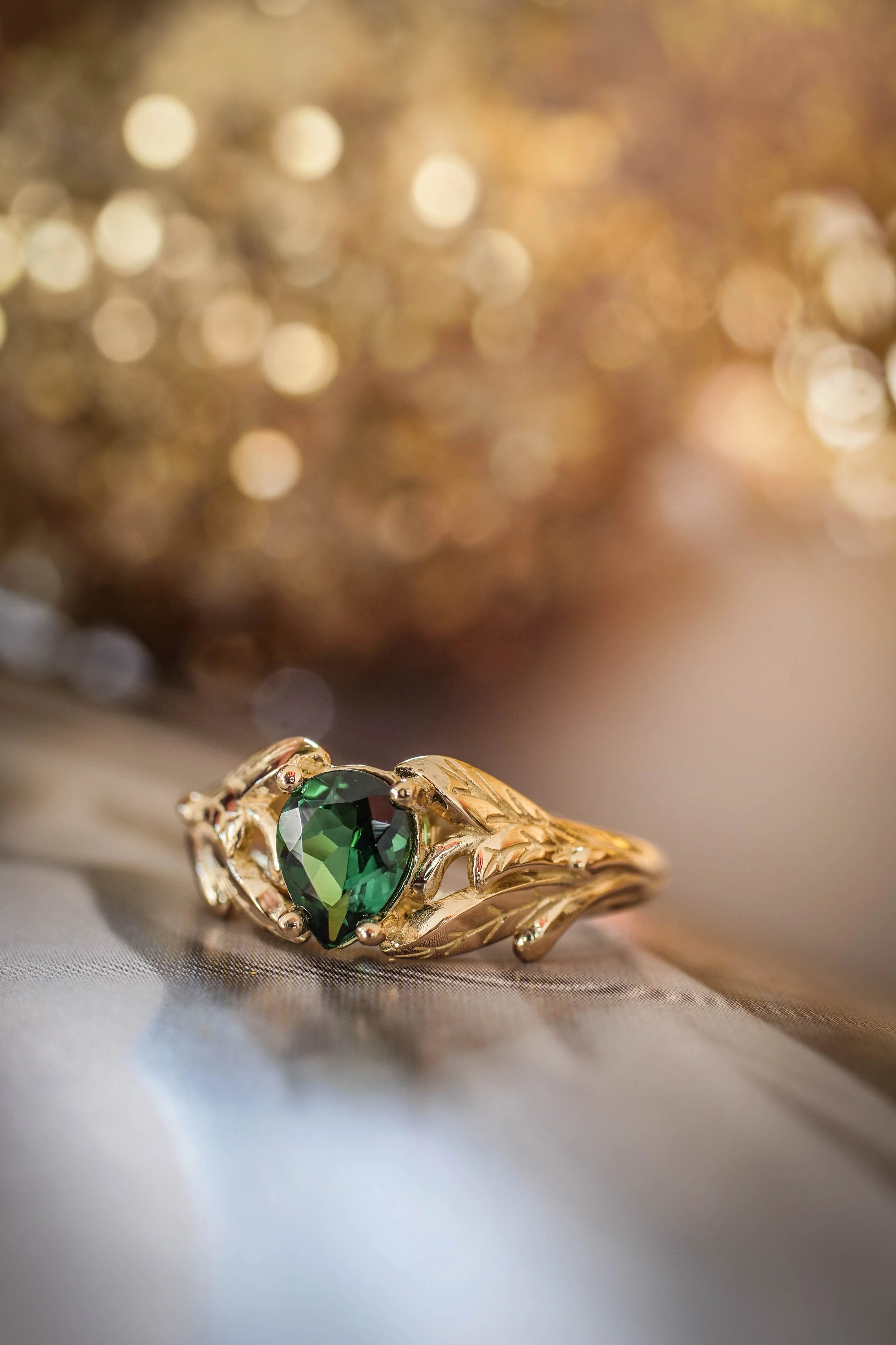 Gold leaf engagement ring with green tourmaline / Wisteria - Image 6