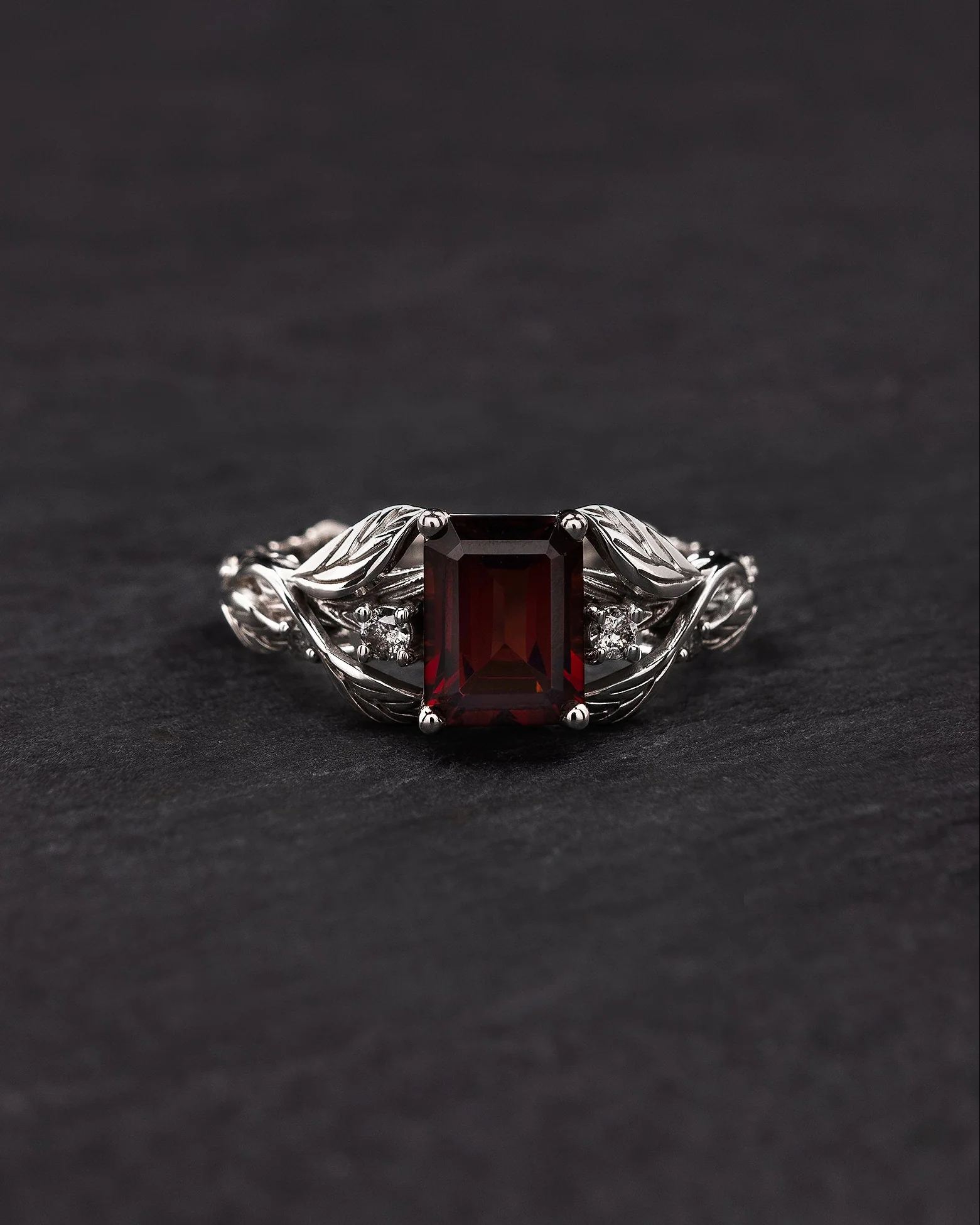 Gorgeous garnet engagement ring, gold leaves ring with diamonds / Clematis - Image 3