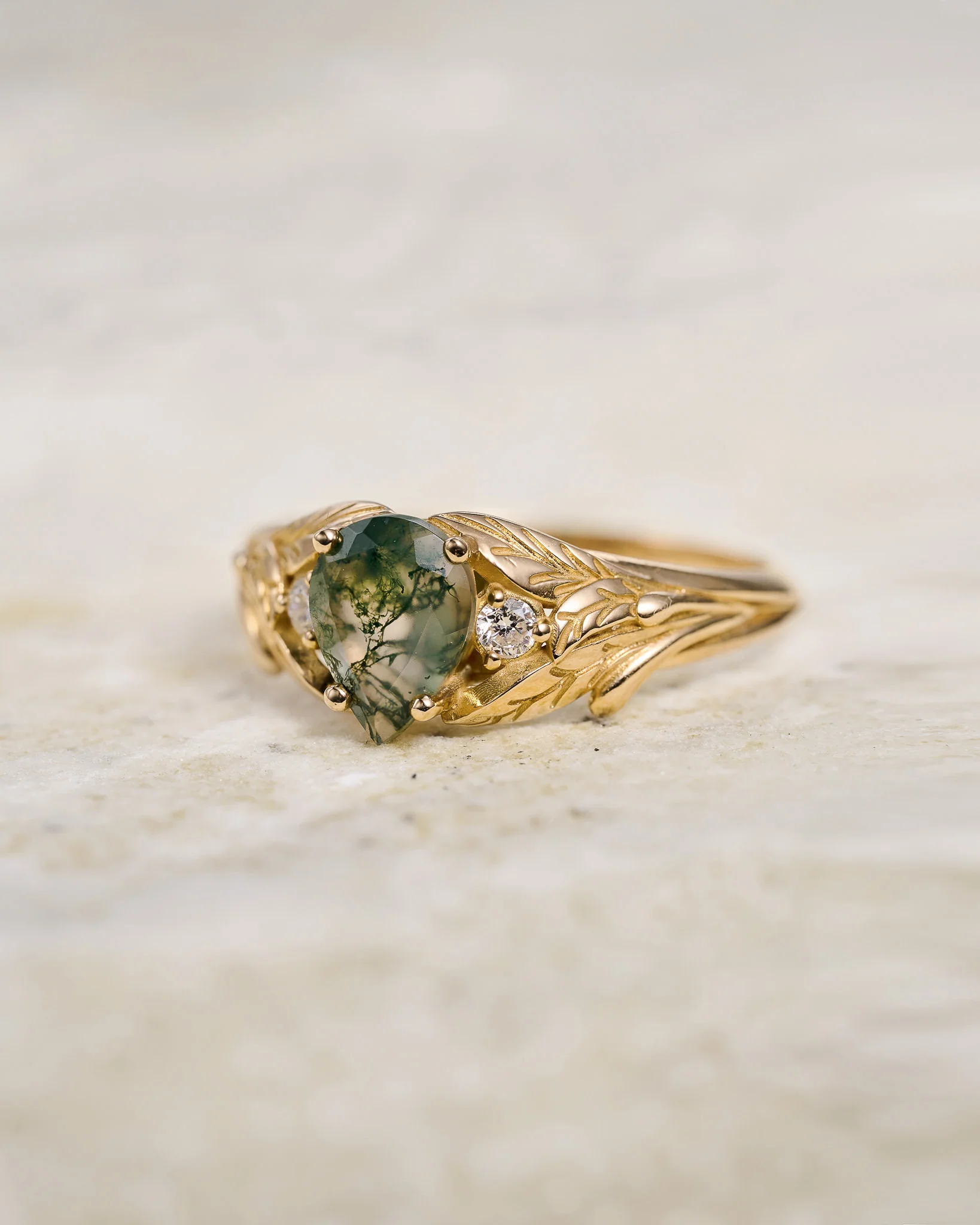 Green moss agate engagement ring, promise leaf ring with diamonds / Wisteria - Image 3