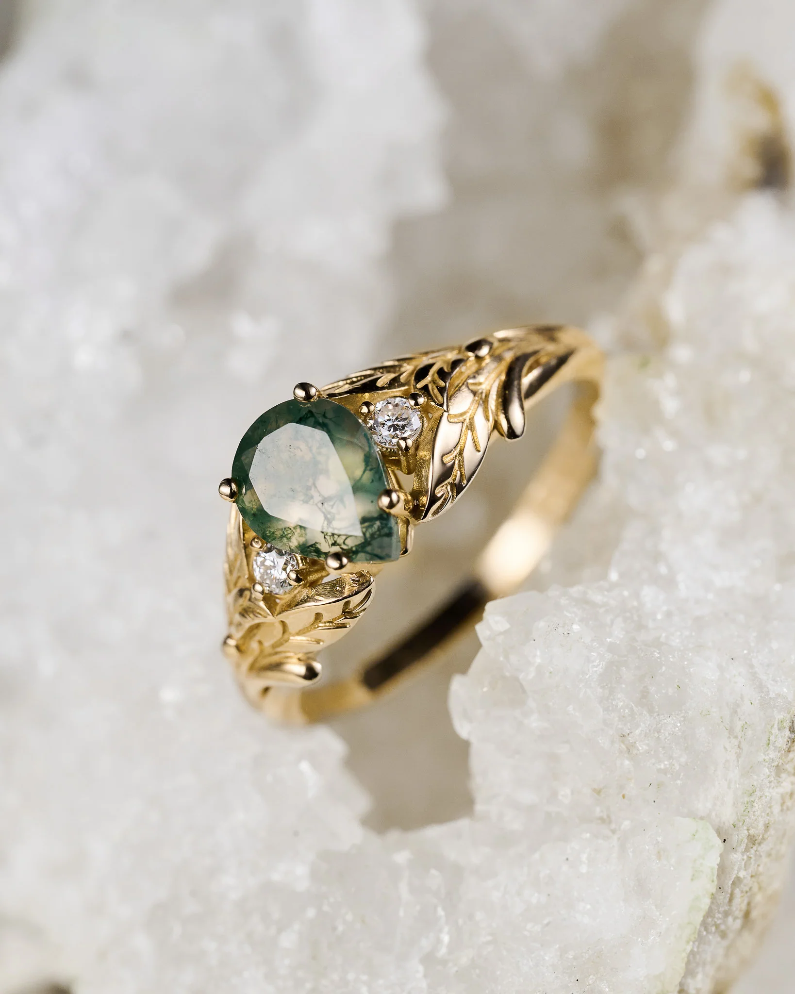 Green moss agate engagement ring, promise leaf ring with diamonds / Wisteria - Image 4