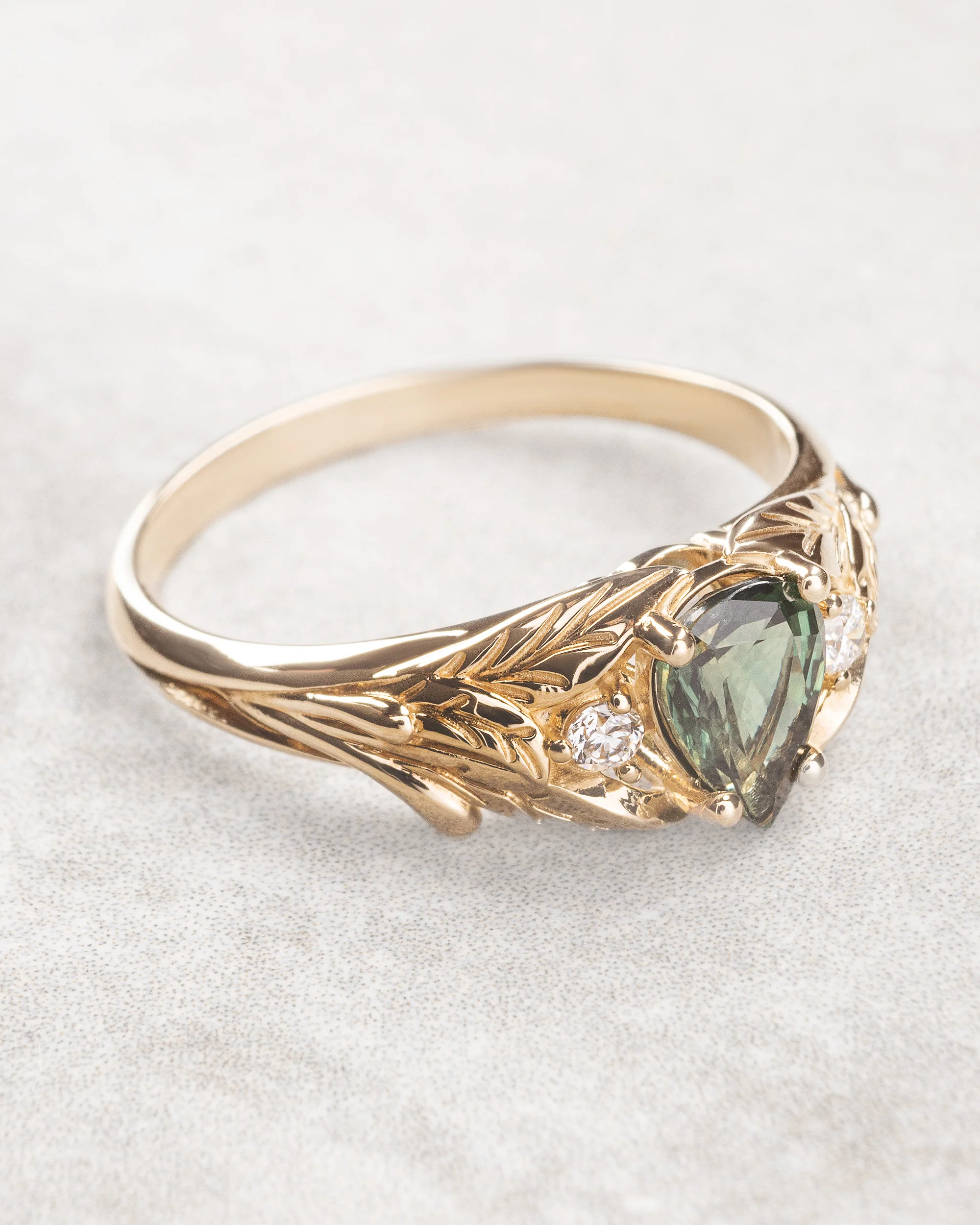 Green sapphire ring with diamonds, leaves engagement ring / Wisteria - Image 3