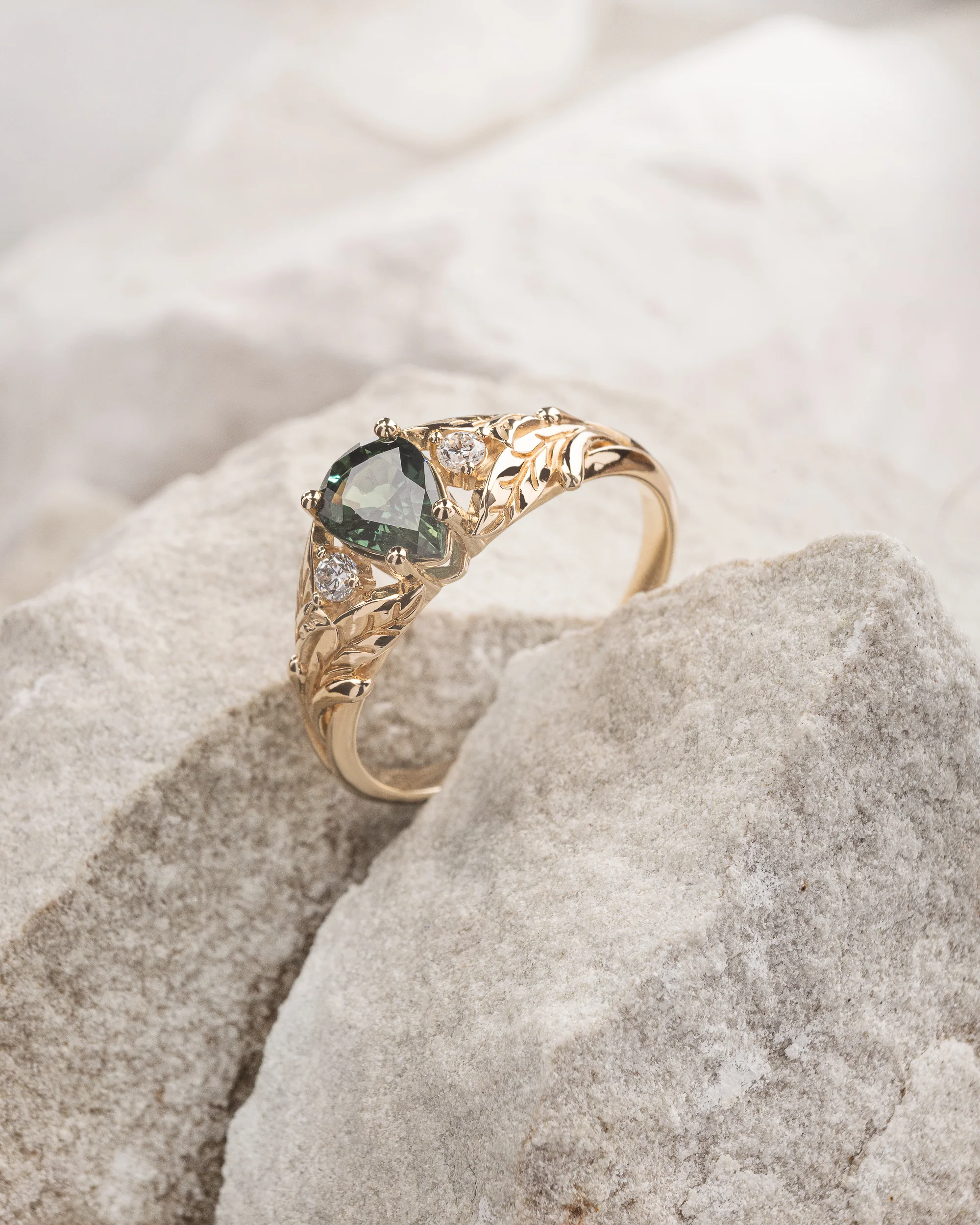 Green sapphire ring with diamonds, leaves engagement ring / Wisteria - Image 4