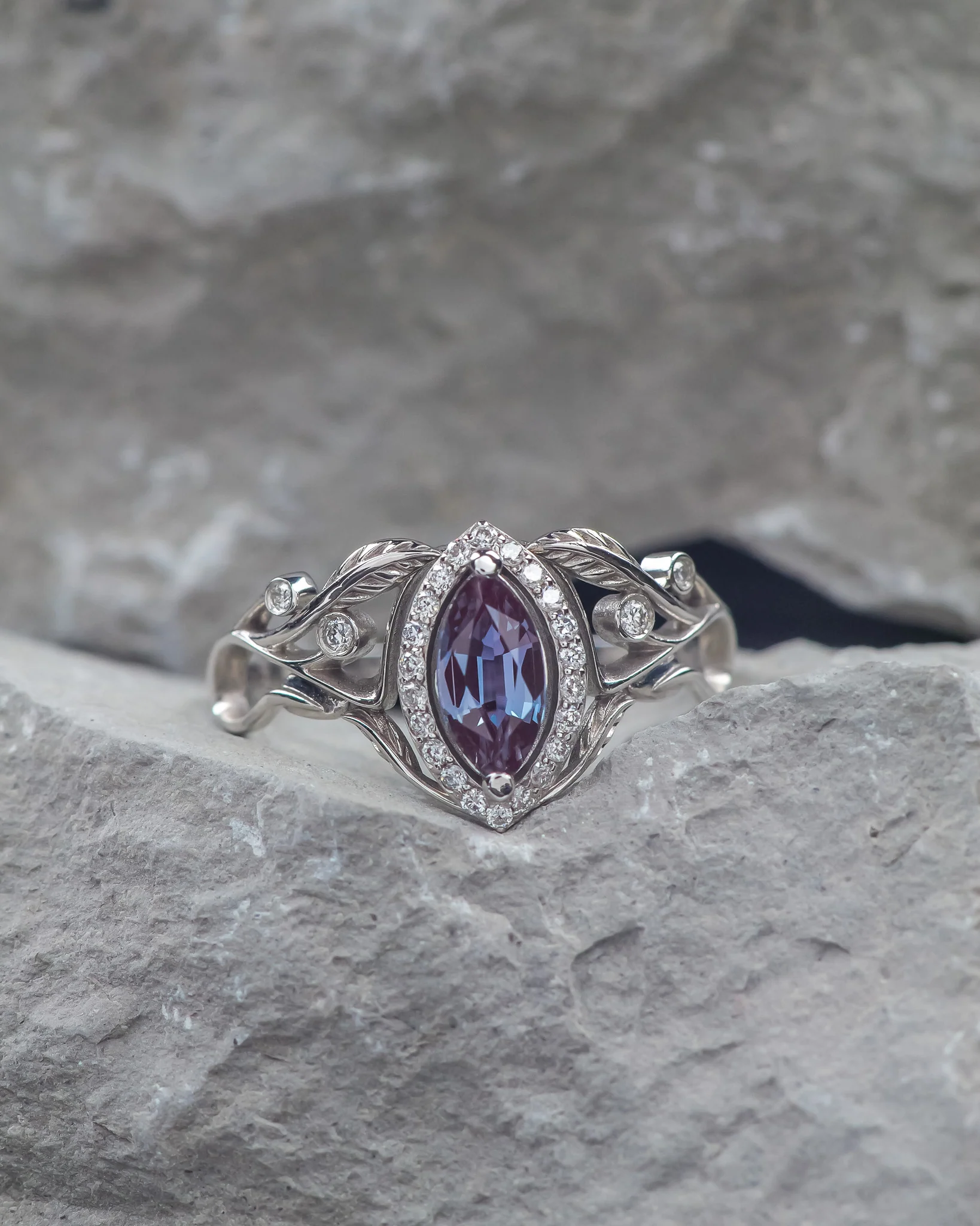 Lab alexandrite marquise ring, diamond halo engagement ring / Callisto - Image 3