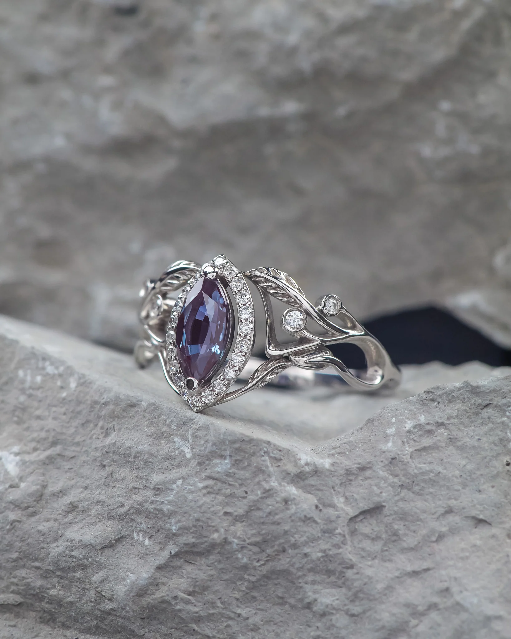 Lab alexandrite marquise ring, diamond halo engagement ring / Callisto - Image 4