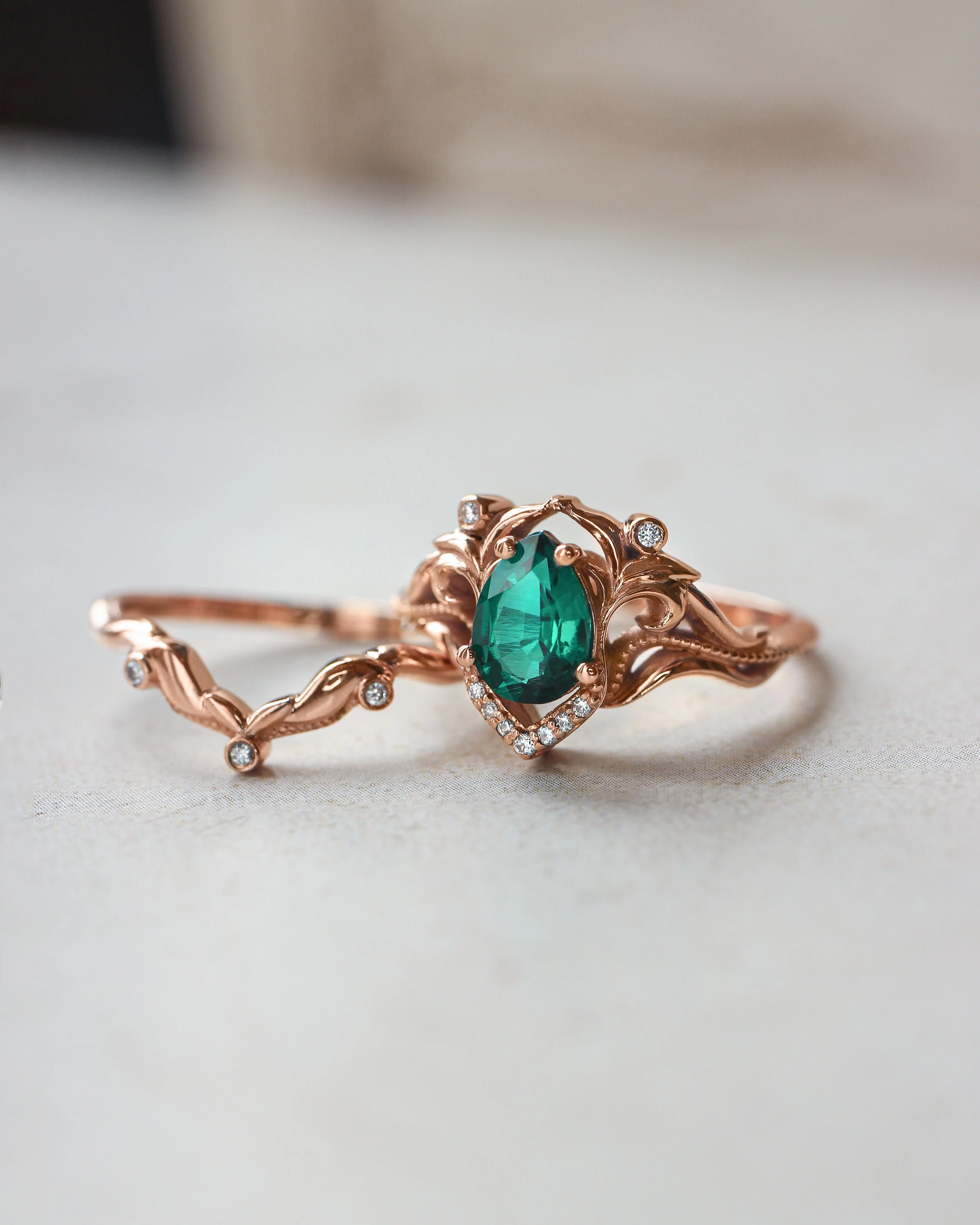 Lab emerald engagement ring, diamond wedding band set / Lida small - Image 3