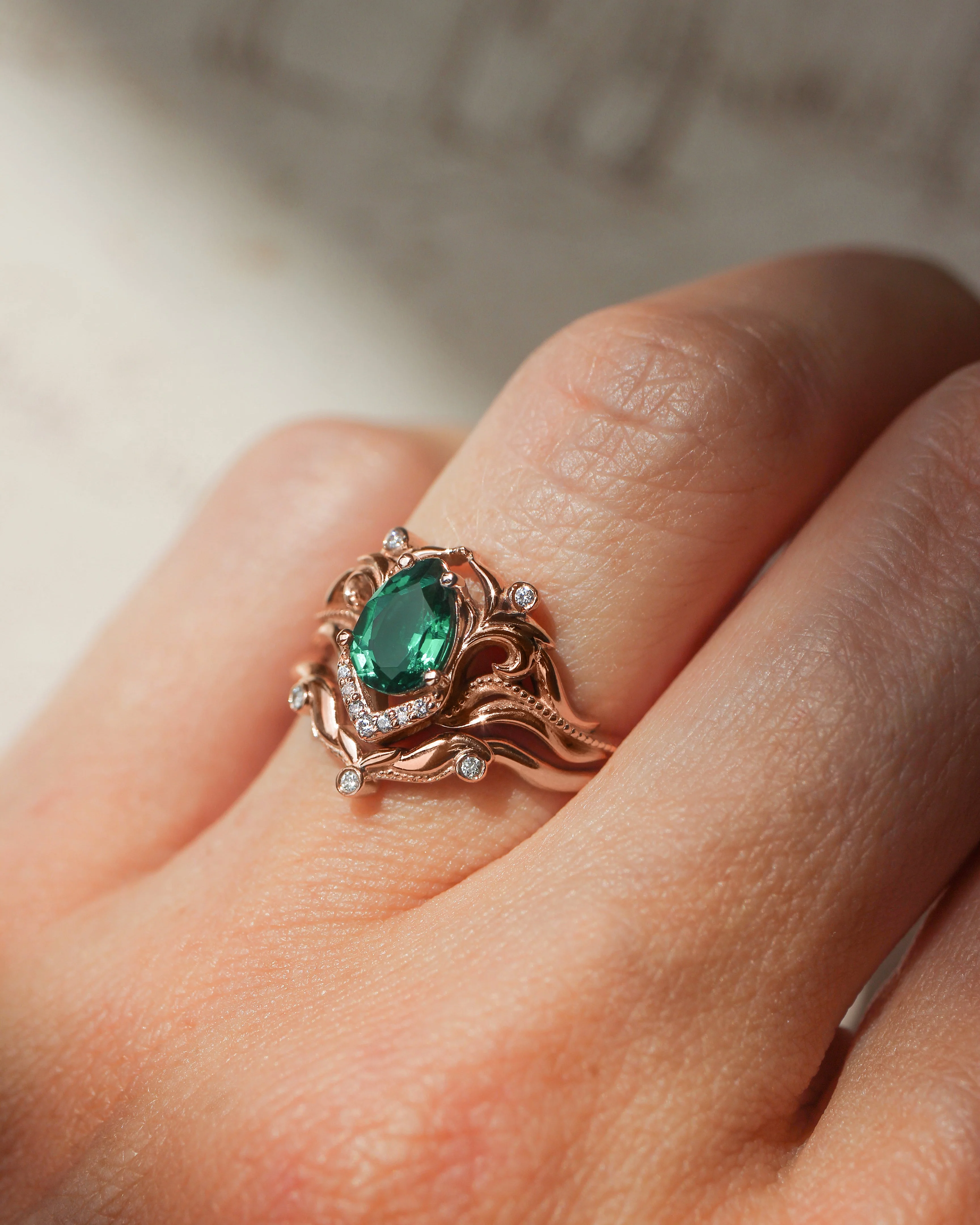 Lab emerald engagement ring, diamond wedding band set / Lida small - Image 4