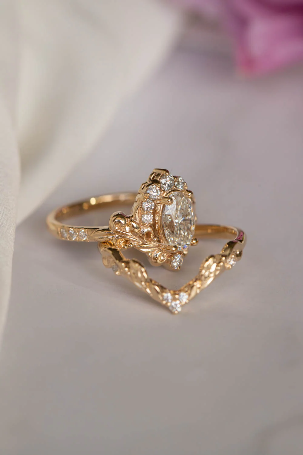 Lab grown diamond engagement ring, nature inspired gold ring with diamond halo / Sophie - Image 4