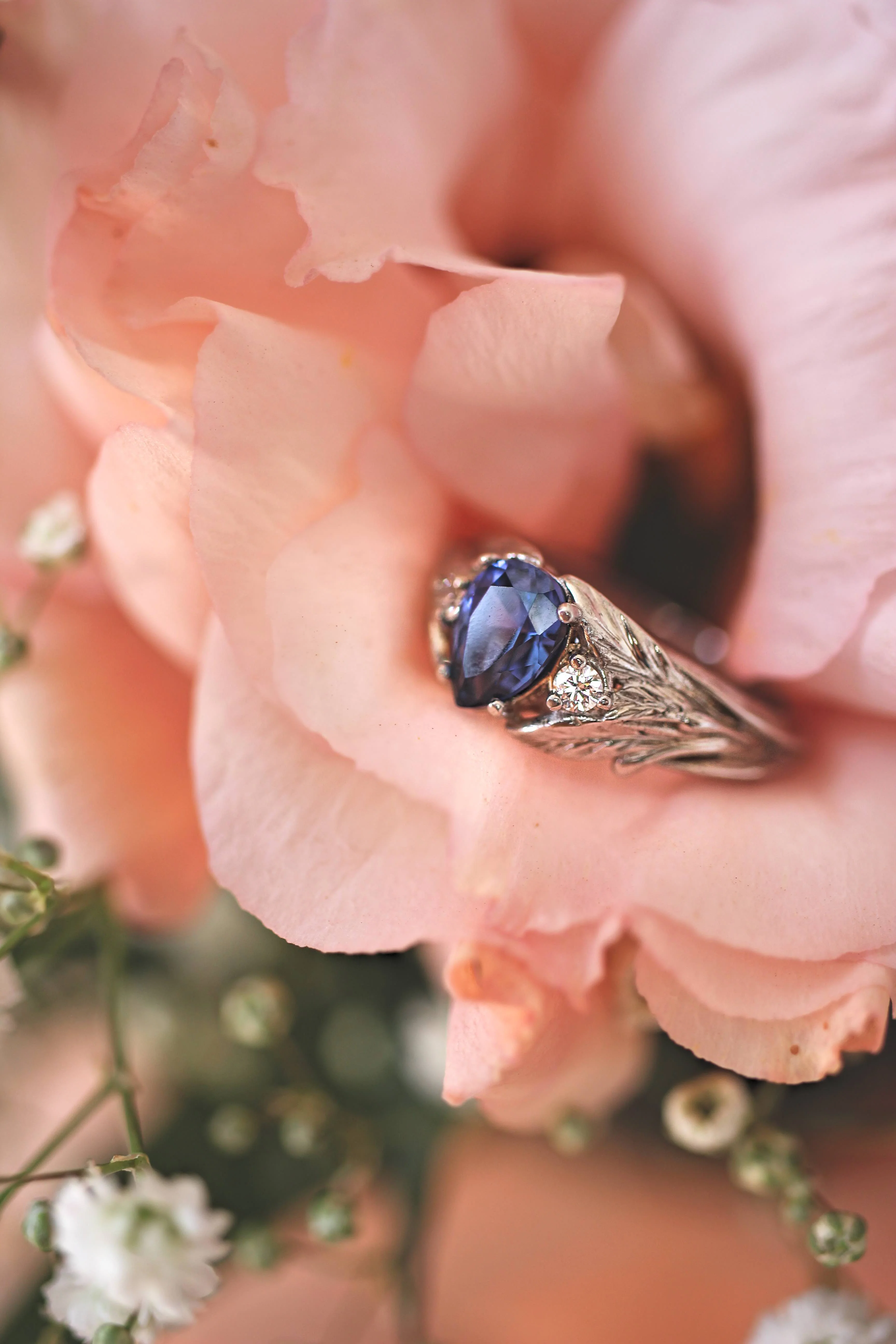 Lab sapphire and natural diamonds ring / Wisteria - Image 21