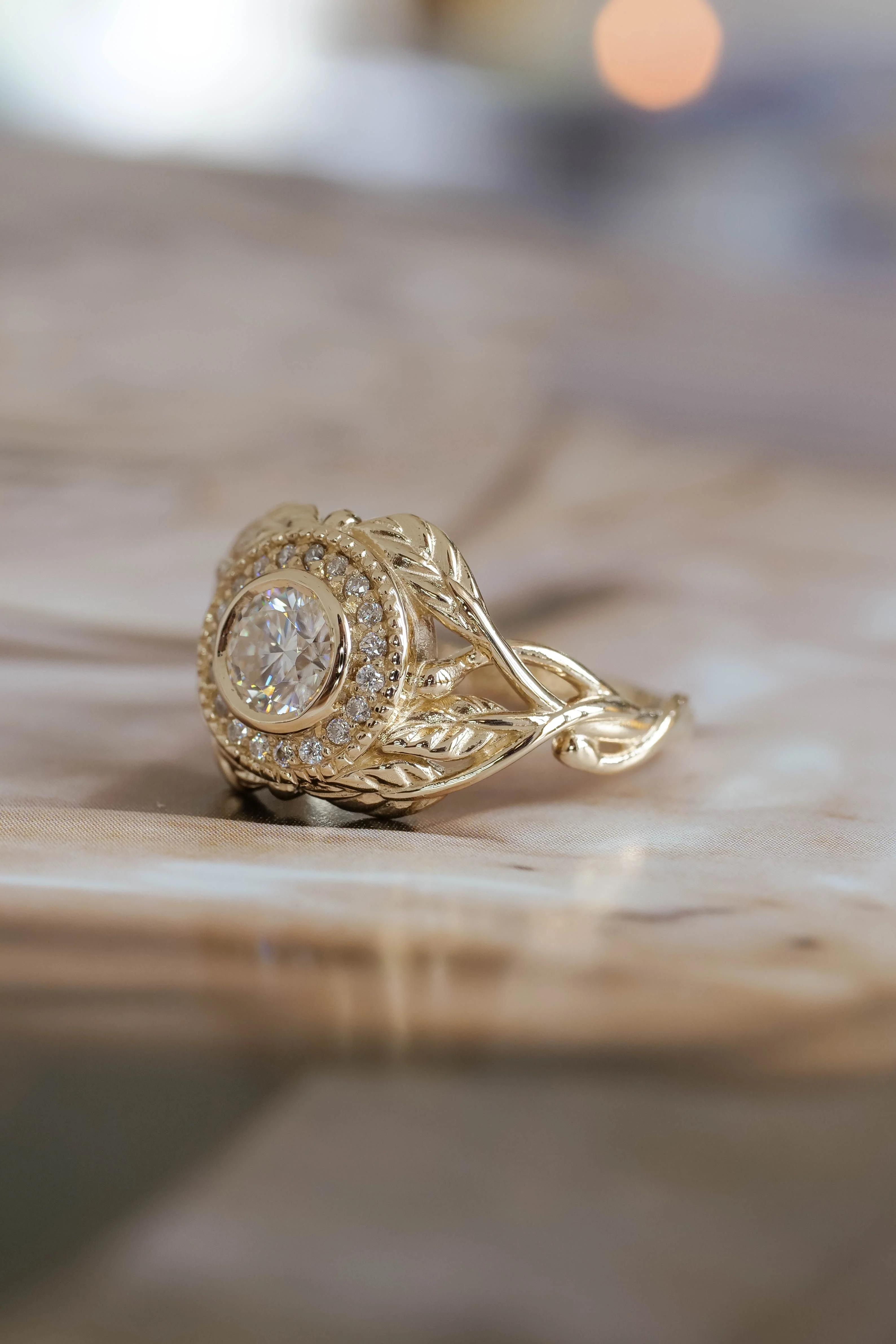 Leaf & halo engagement ring with lab grown diamond, 5mm / Tilia halo - Image 6