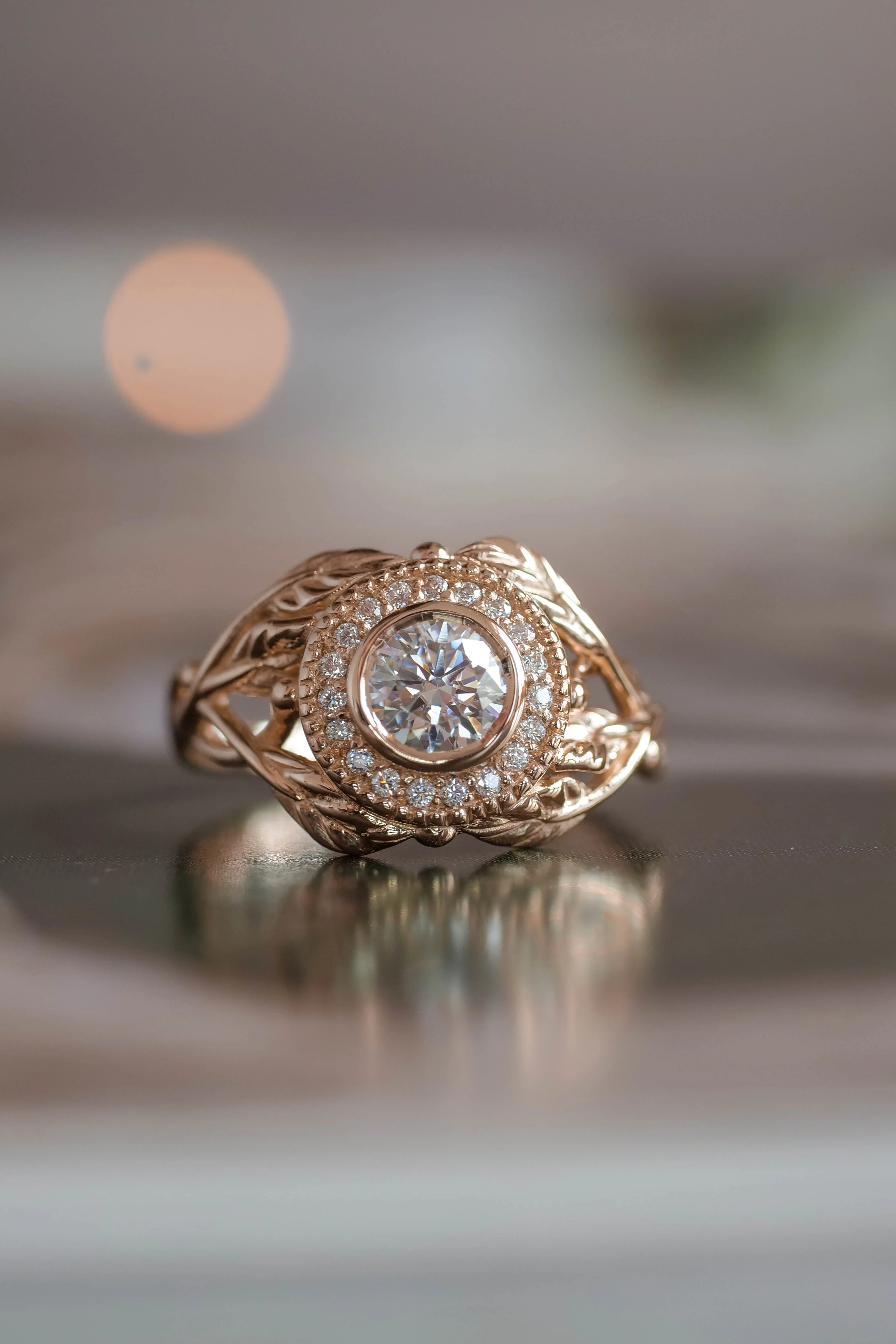 Leaf & halo engagement ring with lab grown diamond, 5mm / Tilia halo - Image 8