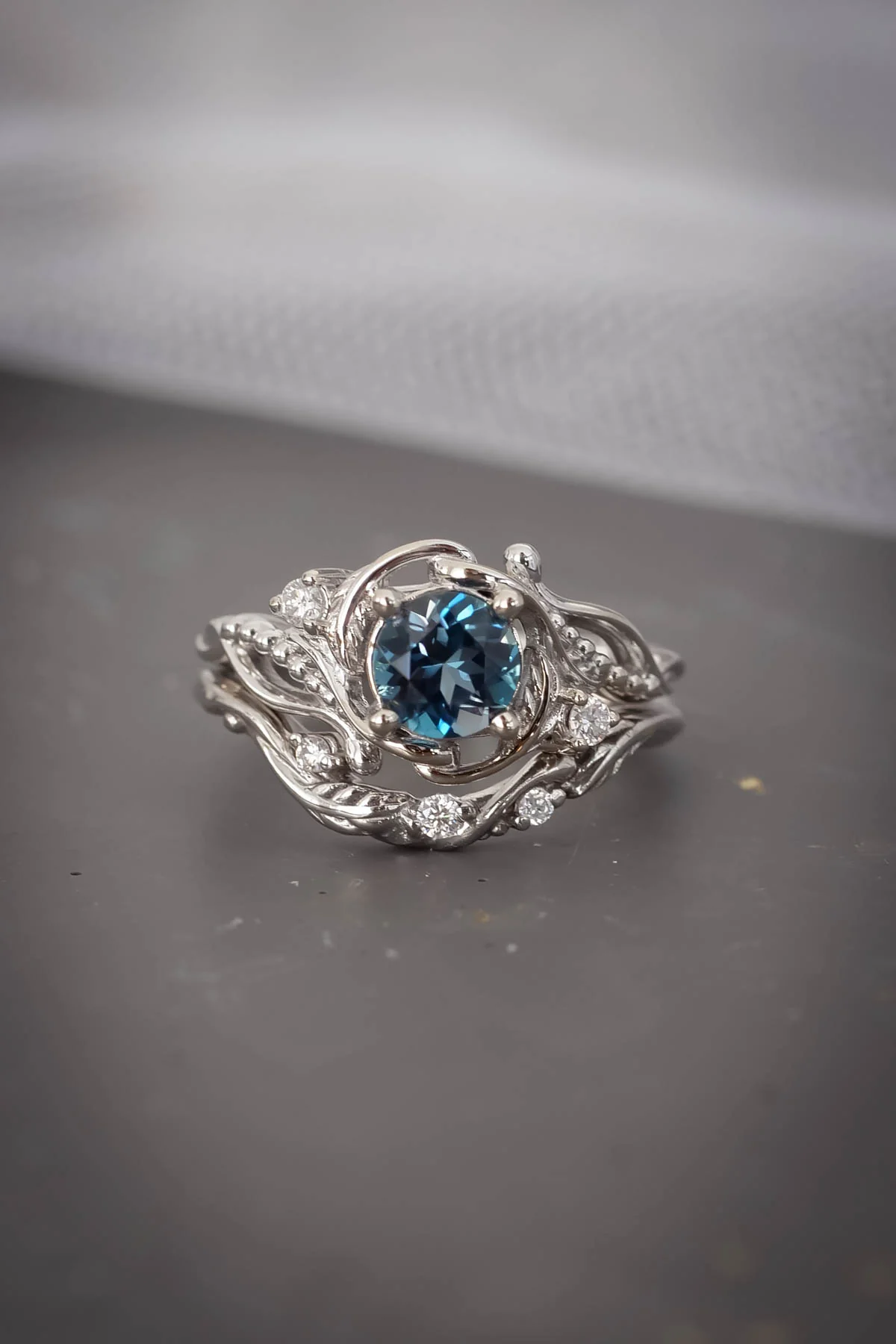 London blue topaz engagement ring set, gold bridal ring set / Undina - Image 3