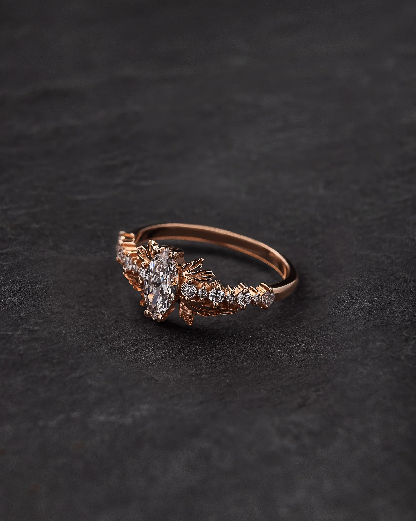 Marquise lab grown diamond engagement ring, gold leaf ring / Verbena - Image 3