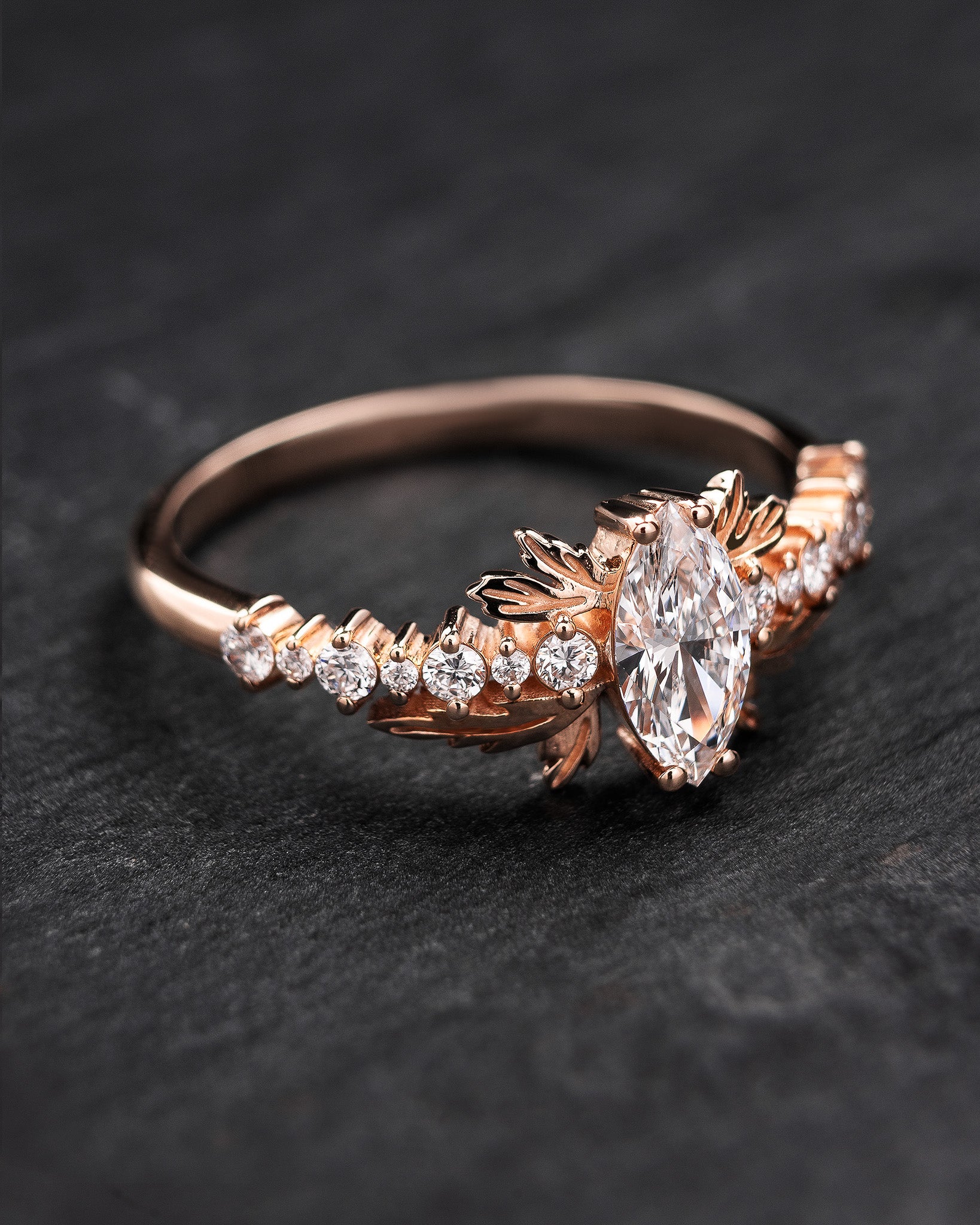 Marquise lab grown diamond engagement ring, gold leaf ring / Verbena - Image 4
