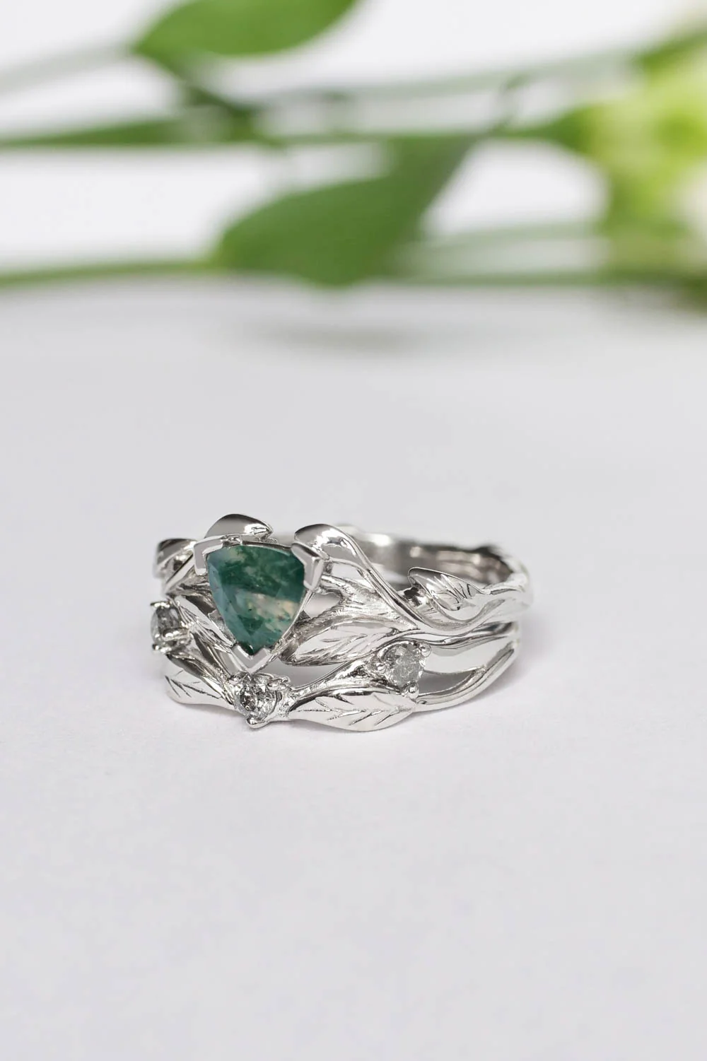 Moss agate engagement ring, salt and pepper diamond wedding band / Clematis - Image 3