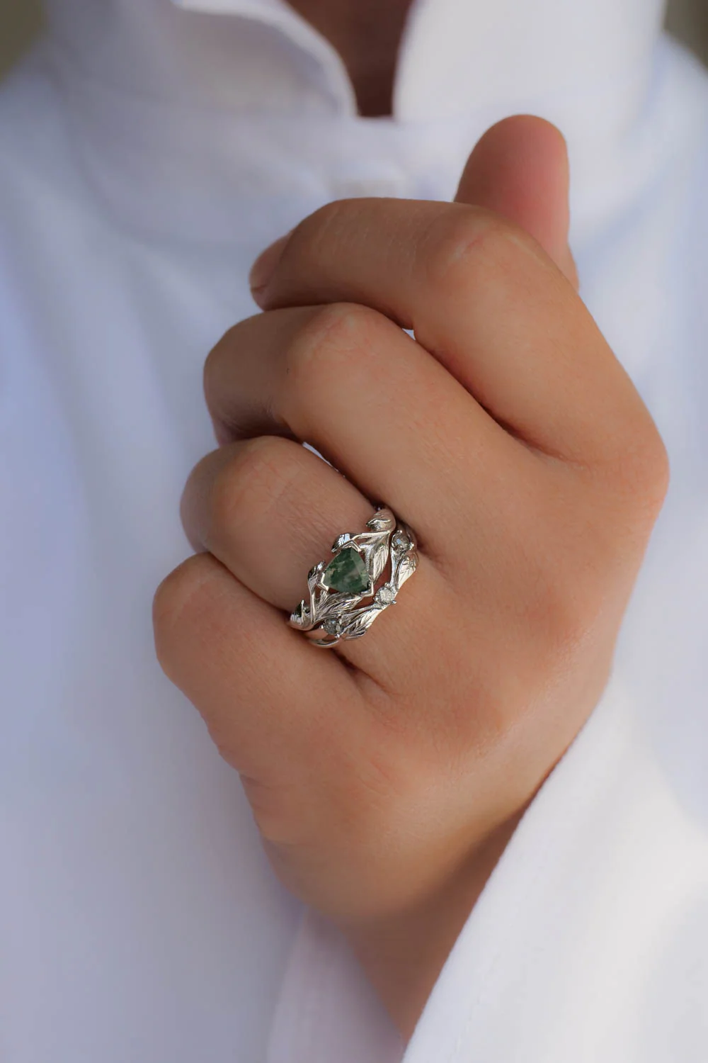 Moss agate engagement ring, salt and pepper diamond wedding band / Clematis - Image 4