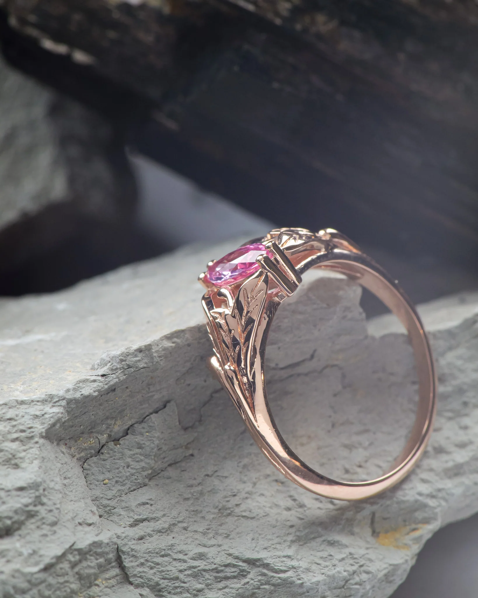 Natural pink sapphire engagement ring, leaf proposal ring with marquise cut gemstone / Wisteria - Image 3
